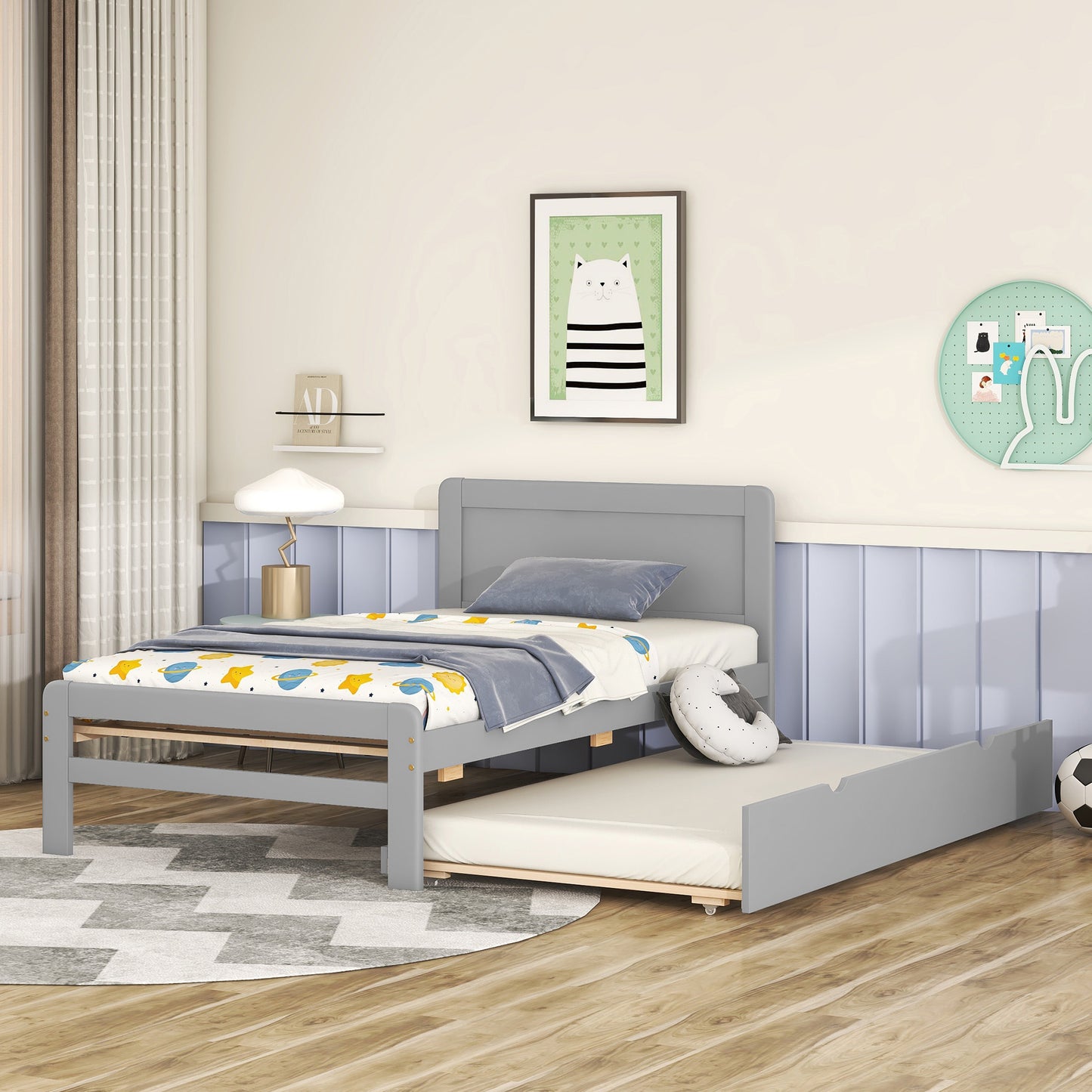 [SantaChoice] Modern Design Twin Size Platform Bed Frame with Trundle for Grey Color