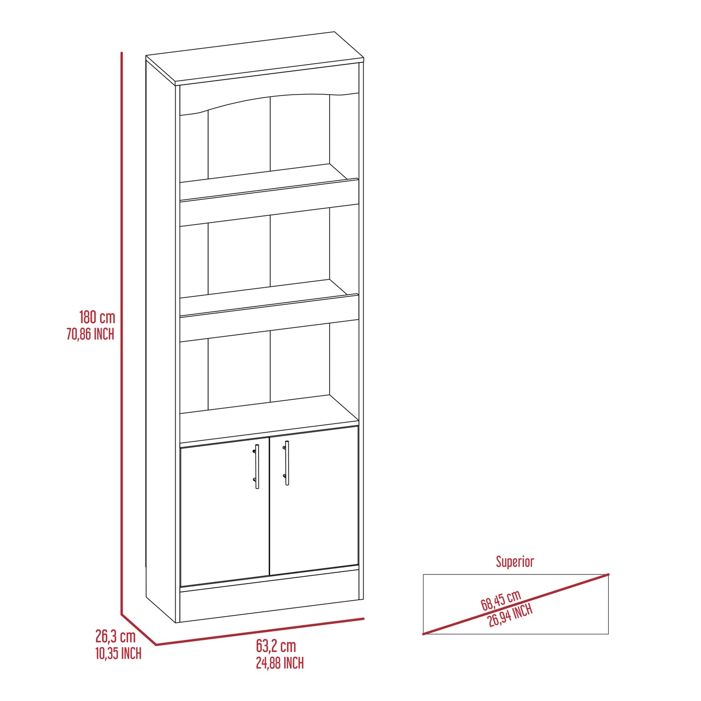 Simma Bookcase, Metal Hardware, Three Shelves, Double Door Cabinet -Light Gray