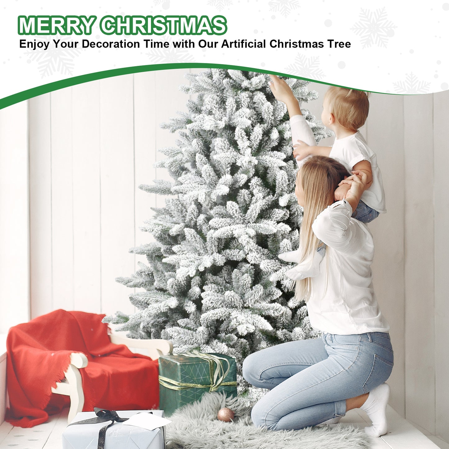 5FT PE&PVC Flocked Artificial Christmas Tree, With 768 branch tips and metal stand, Foldable Fake Tree with Realistic Snowy Foliage for Home Decoration