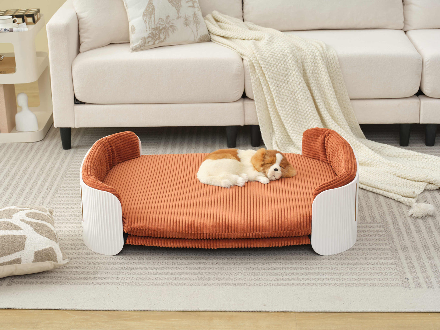 Scandinavian style Cat Couch Bed, Pet Sofa for Indoor Cats PP Indoor Pet Furniture Elevated Cat Beds with Removable Mattress Cover Suitable for Mid or Large  Animal Brand Design White+Brown