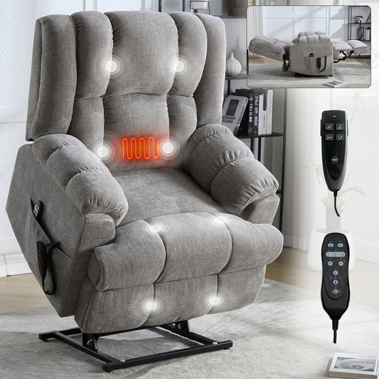 Dual Motor Heat Massage Infinite Position Up to 350 LBS Electric Power Lift Recliners with Power-Remote, Medium-firm and Heavy Duty, Light Grey