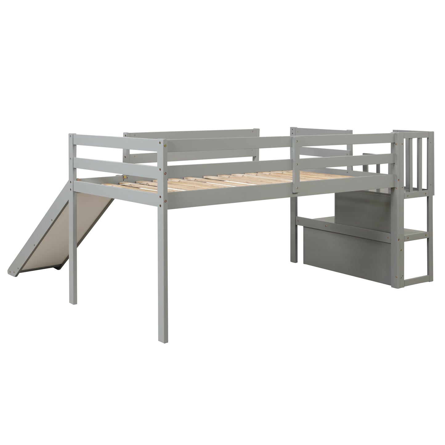 Loft Bed with Staircase, Storage, Slide, Twin size, Full-length Safety Guardrails, No Box Spring Needed, Grey (Old Sku:W504S00005)