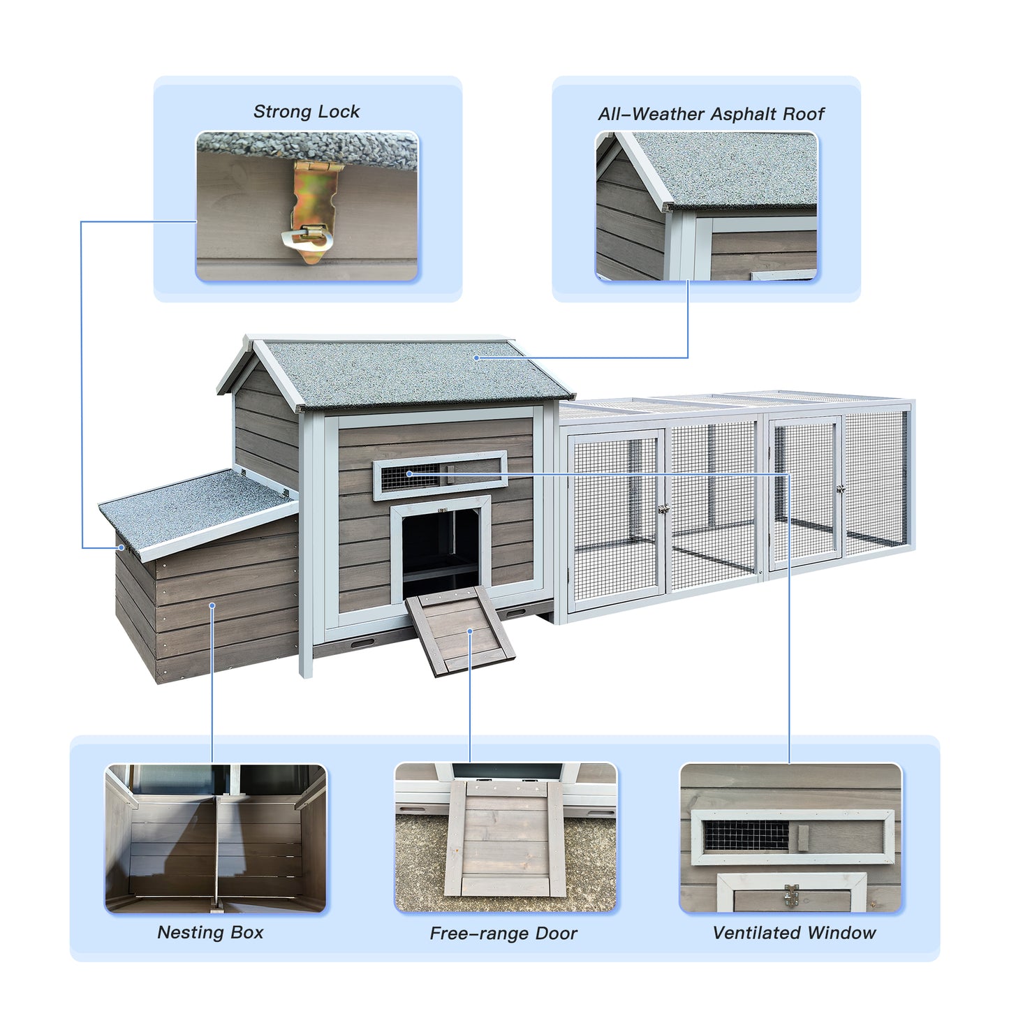 118＂Wooden Chicken Coop Outdoor Hen House Poultry Cage with Free-range Doors, Nesting Box,Leakproof Pull-on Tray