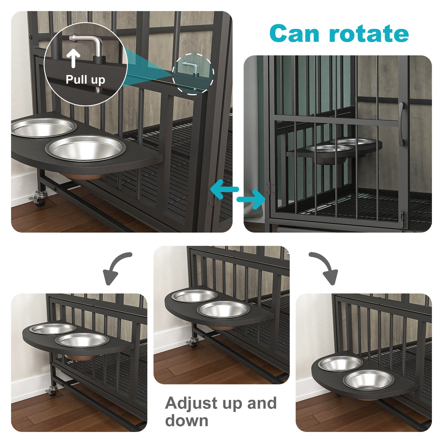 Modern Kennel Dogs room up to 80 LB, Dog crate furniture with Multi-Purpose Rremovable Ttray, Double-Door Dog House, lift Panel, 360 Degree Rotation -3 Height Adjustable Feeding Bowls(Grey)