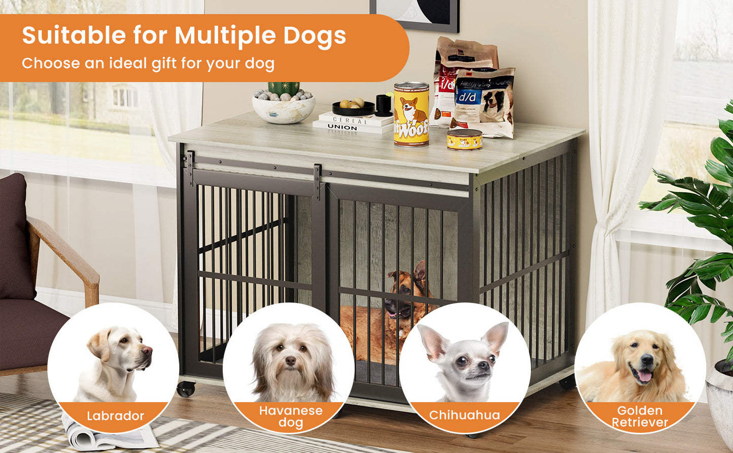 Furniture dog crate sliding iron door dog crate with mat. (Grey,43.7''W x 30''D x 33.7''H)