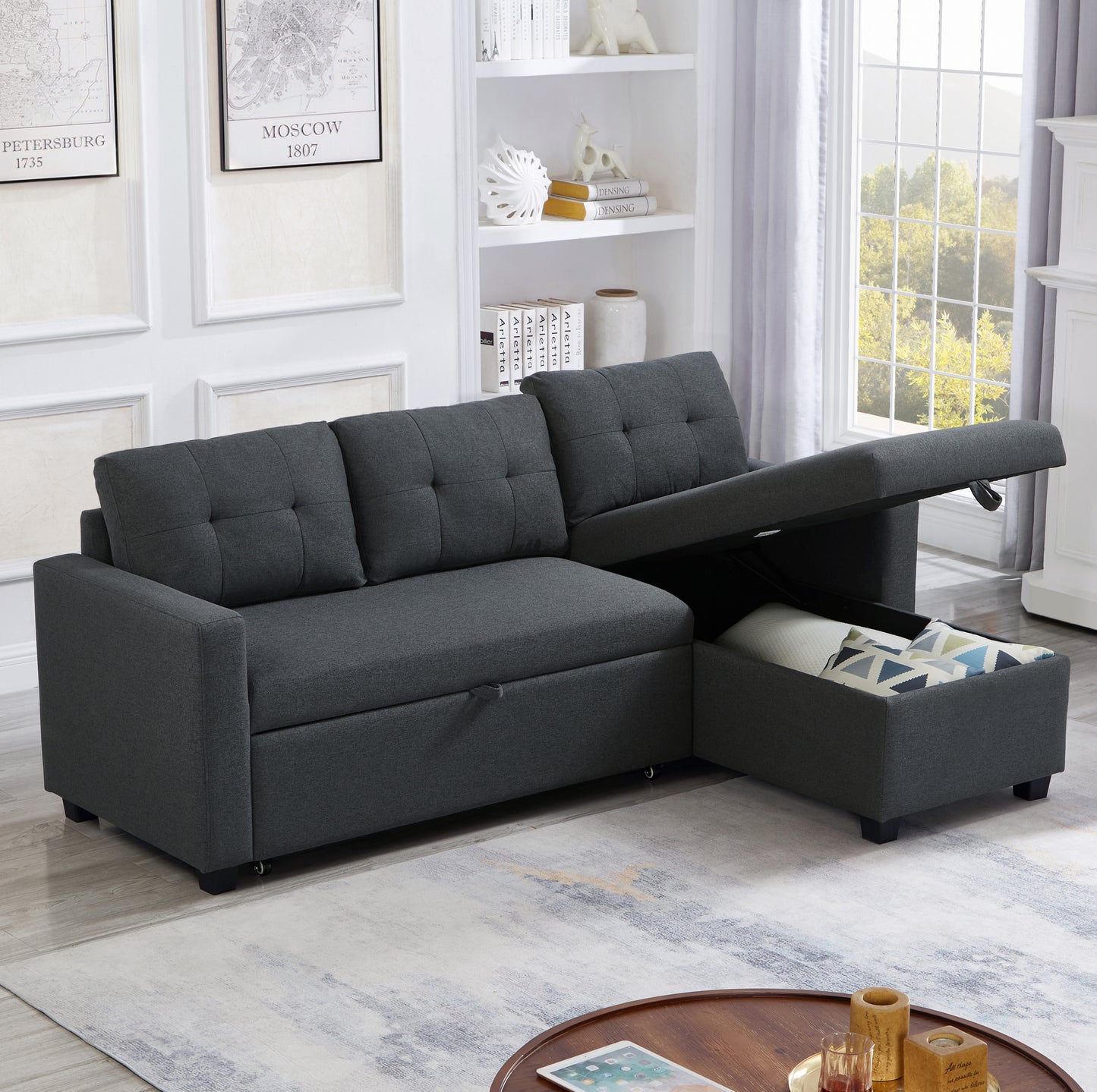 [SantaChoice] Upholstered Pull Out Sectional Sofa with Storage Chaise, Convertible Corner Couch, Dark Grey