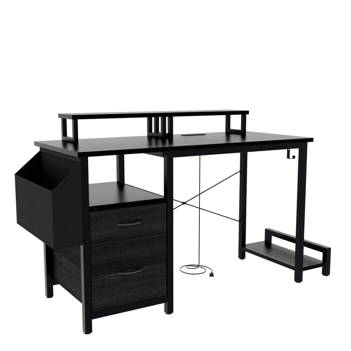 47" Computer Desk with power outlet,Monitor Stands,Shelves, Office Desk/Writing Table/Gaming desk With drawers,Large Side Pocket and Hooks,Easy to Assemble,Frame stability Reversible,Black