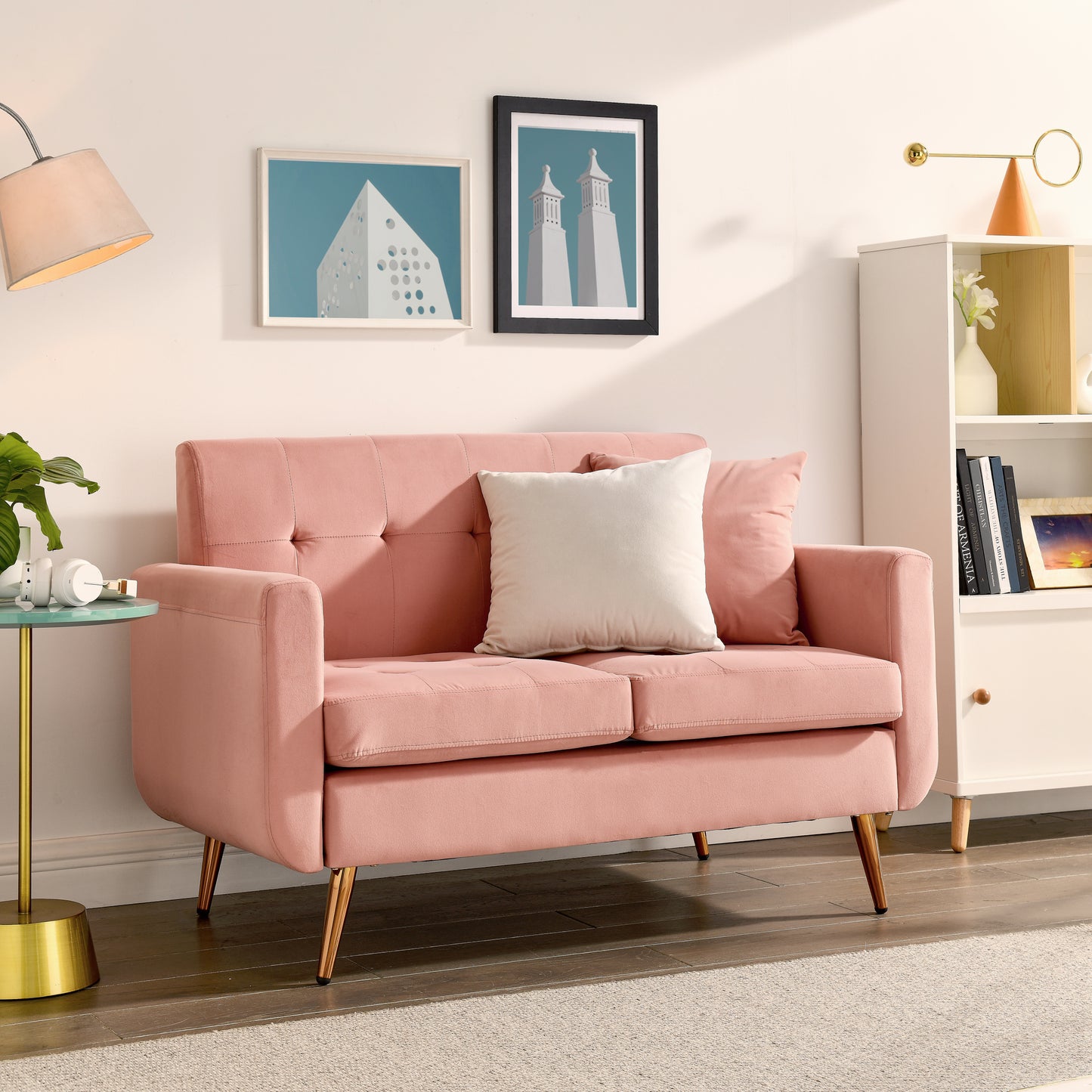 [SantaChoice] Loveseat Sofa, Mid Century Modern Decor Love Seat Couches for Living Room, Button Tufted Upholstered Small Couch for Bedroom, Solid and Easy to Install Love Seats Furniture,Pink