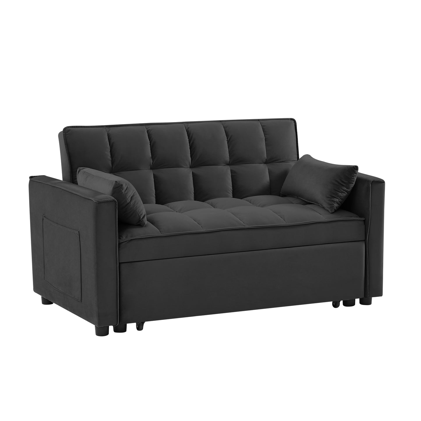 [SantaChoice] Modern Velvet Loveseat Futon Sofa Couch w/Pullout Bed,Small Love Seat Lounge Sofa w/Reclining Backrest,Toss Pillows, Pockets,Furniture for Living Room,3 in 1 Convertible Sleeper Sofa Bed, Black