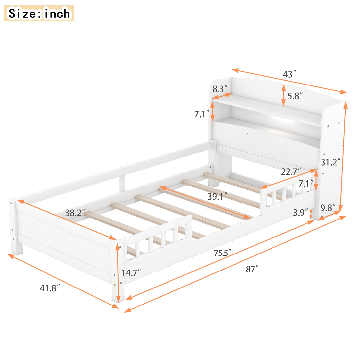 Wood Twin Size Platform Bed with Built-in LED Light, Storage Headboard and Guardrail, White