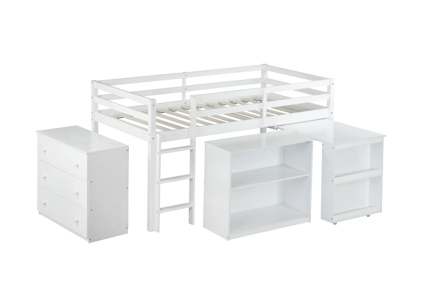 Twin Loft Bed w. stroage case ,drawers,Twin Loft Bed with ,Drawer Cabinet, Shelf Cabinet and Pulling -Out Desk,Rubber Wood Loft Bed with Safety Guardrail ,Ladder,White