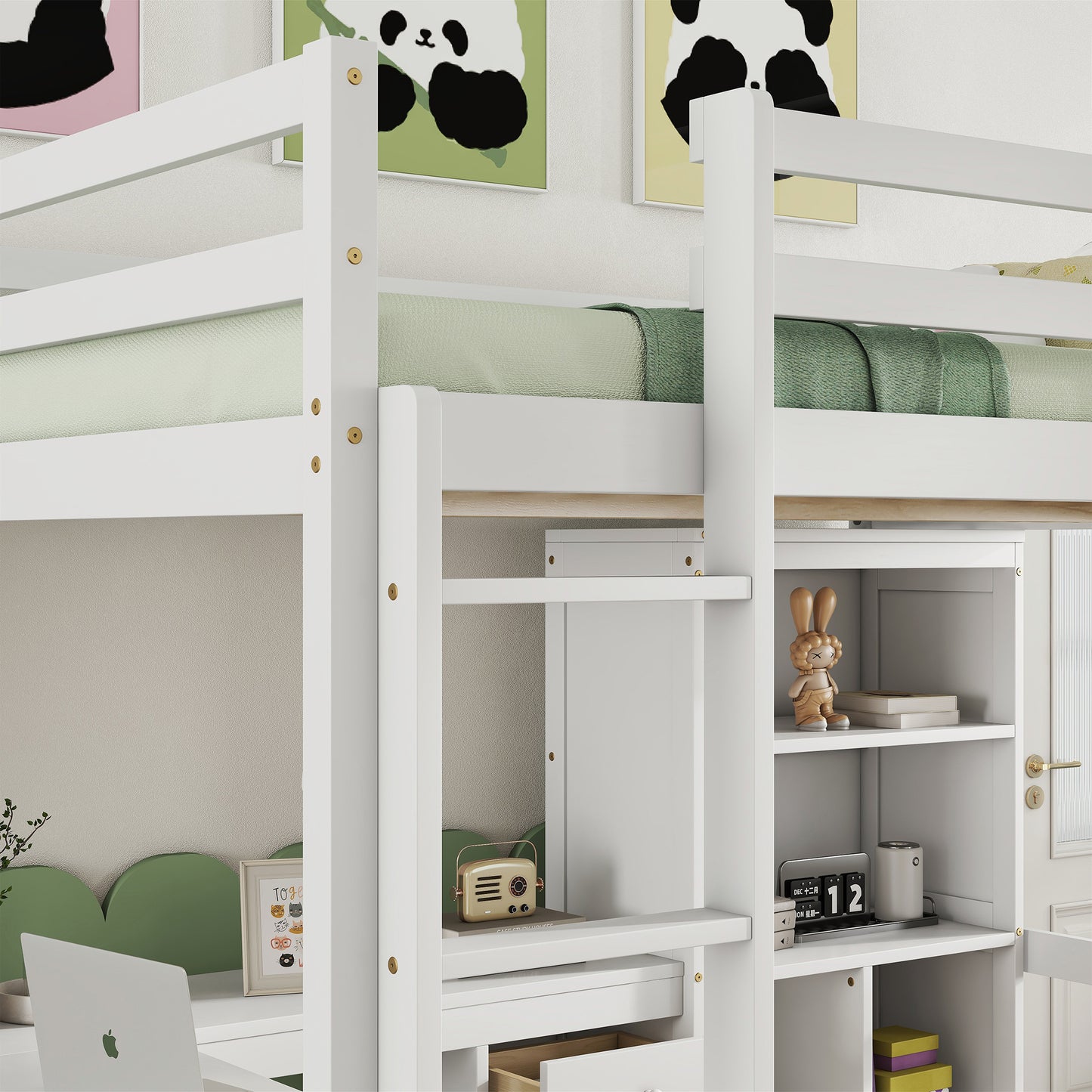 Full Size Loft Wood Bed with Desk, Storage shelves and Drawers, Built-in Ladder, High Loft Bed with Desk, Storage Shelves and Drawers,Guardrails,White