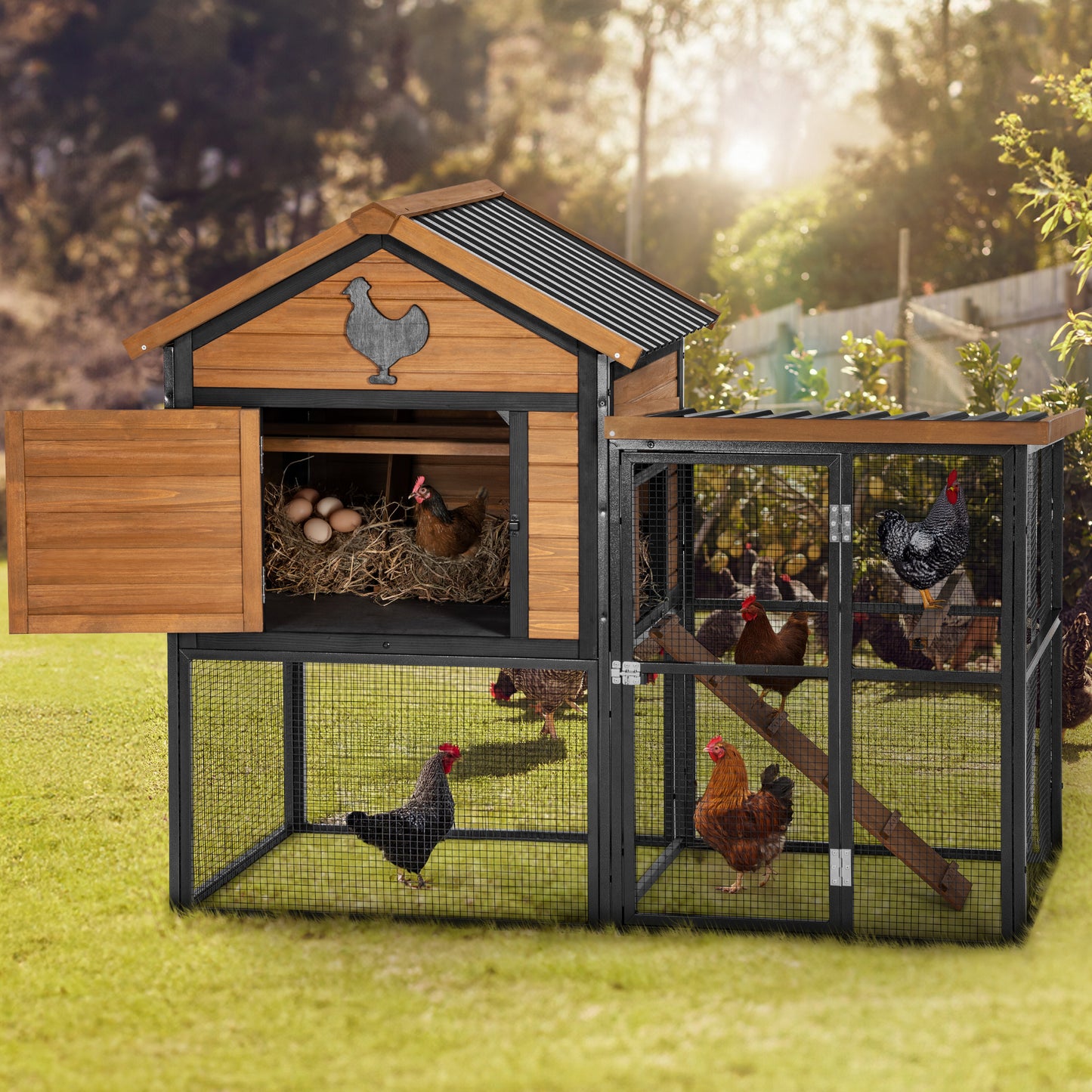 Durable Wood and Iron Chicken Coop with Runway and Waterproof Roof, Suitable for 5-7 Chickens, Built-in Nesting Box