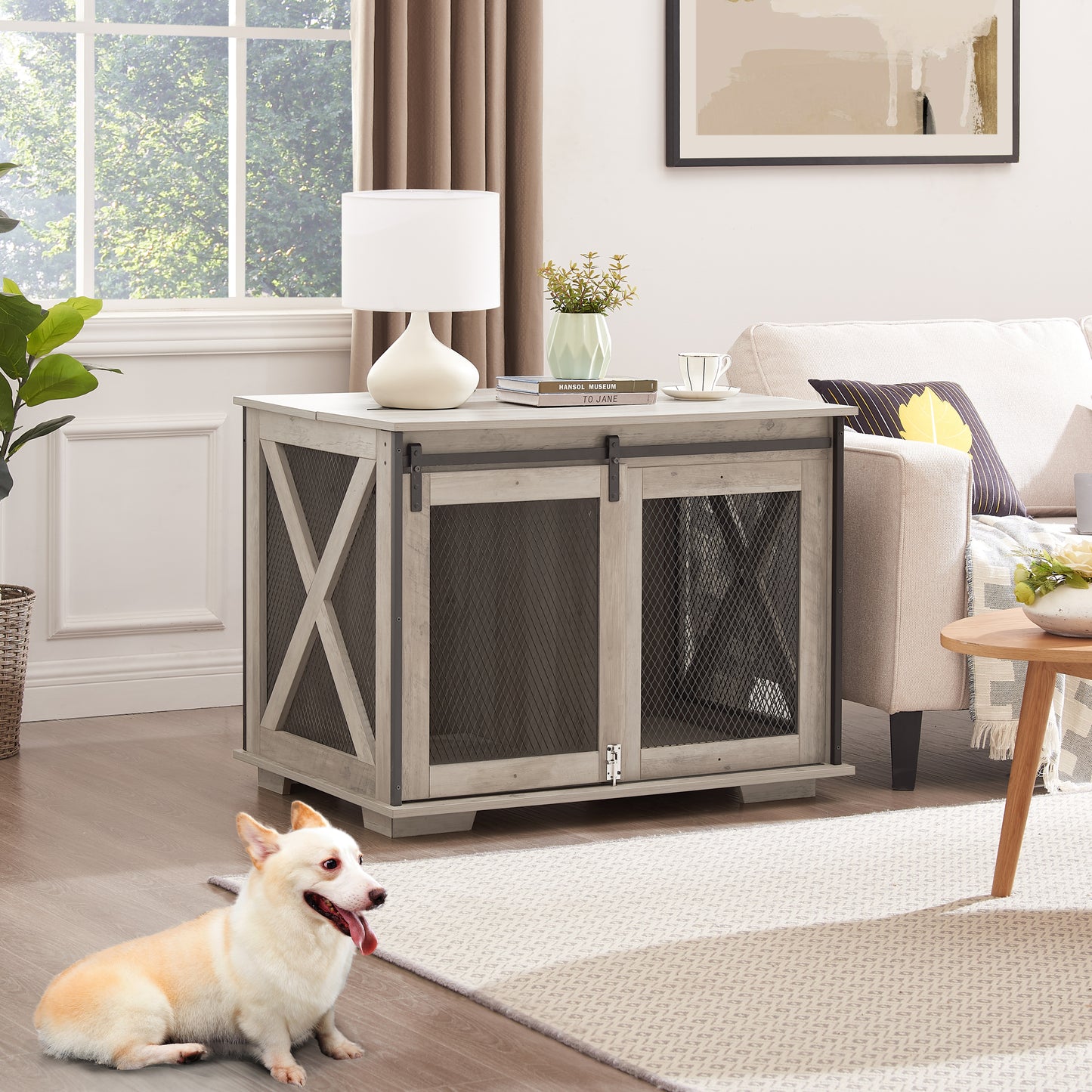 Farmhouse Dog Cage Crate Furniture with Sliding Barn Door,  Farmhouse Wooden Dog Kennel End Table with Flip-top Plate Dog House with Detachable Divider for Small/Medium/Large Dog Gray