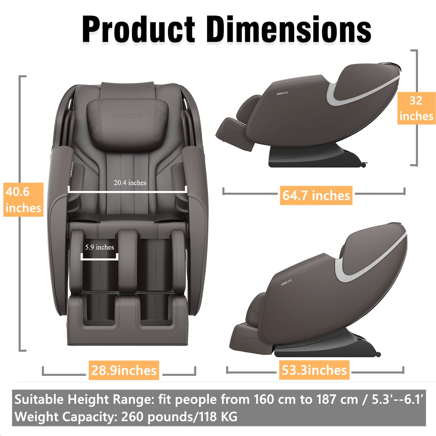 [SantaChoice] BOSSCARE Massage Chair Recliner with Zero Gravity, Full Body Airbag Massage Chair with Bluetooth Speaker, Foot Roller Brown