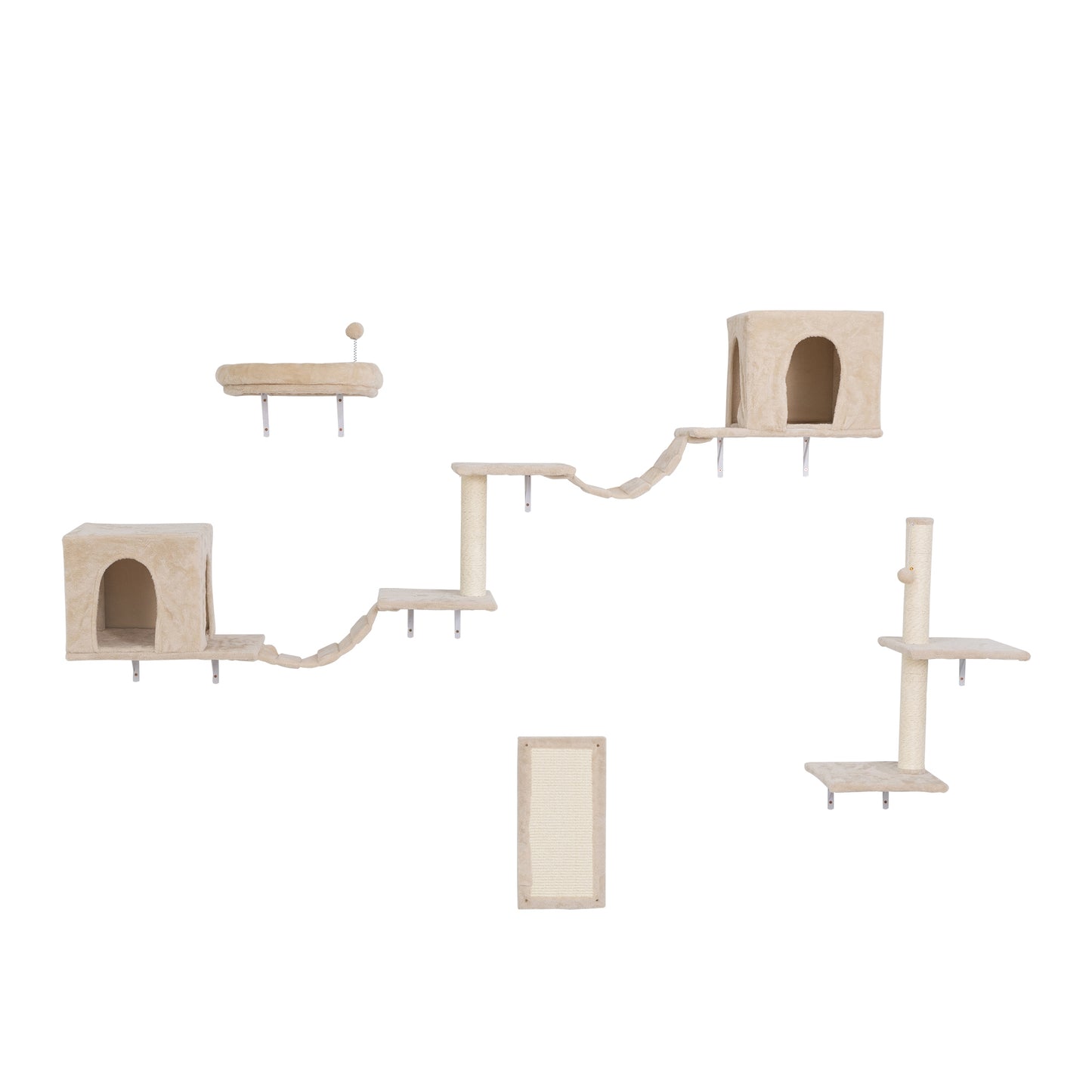 Wall-mounted Cat Tree, Cat Furniture with 2 Cat Condos House, 3 Cat Wall Shelves, 2 Ladder, 1 Cat Perch, Sisal Cat Scratching Posts and Pad