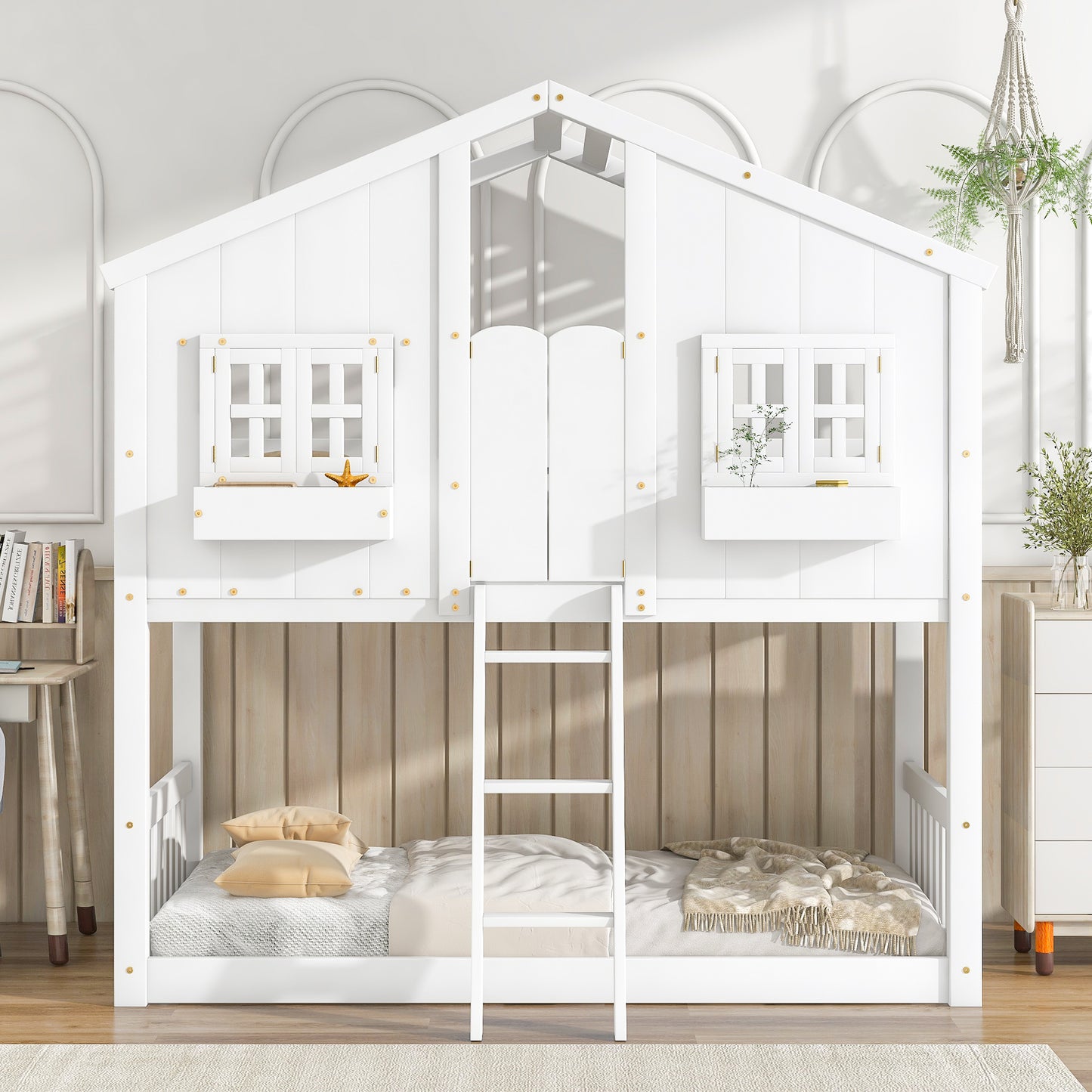 Twin over Twin House Bunk Bed with Roof , Window, Window  Box, Door , with Safety Guardrails and Ladder,White