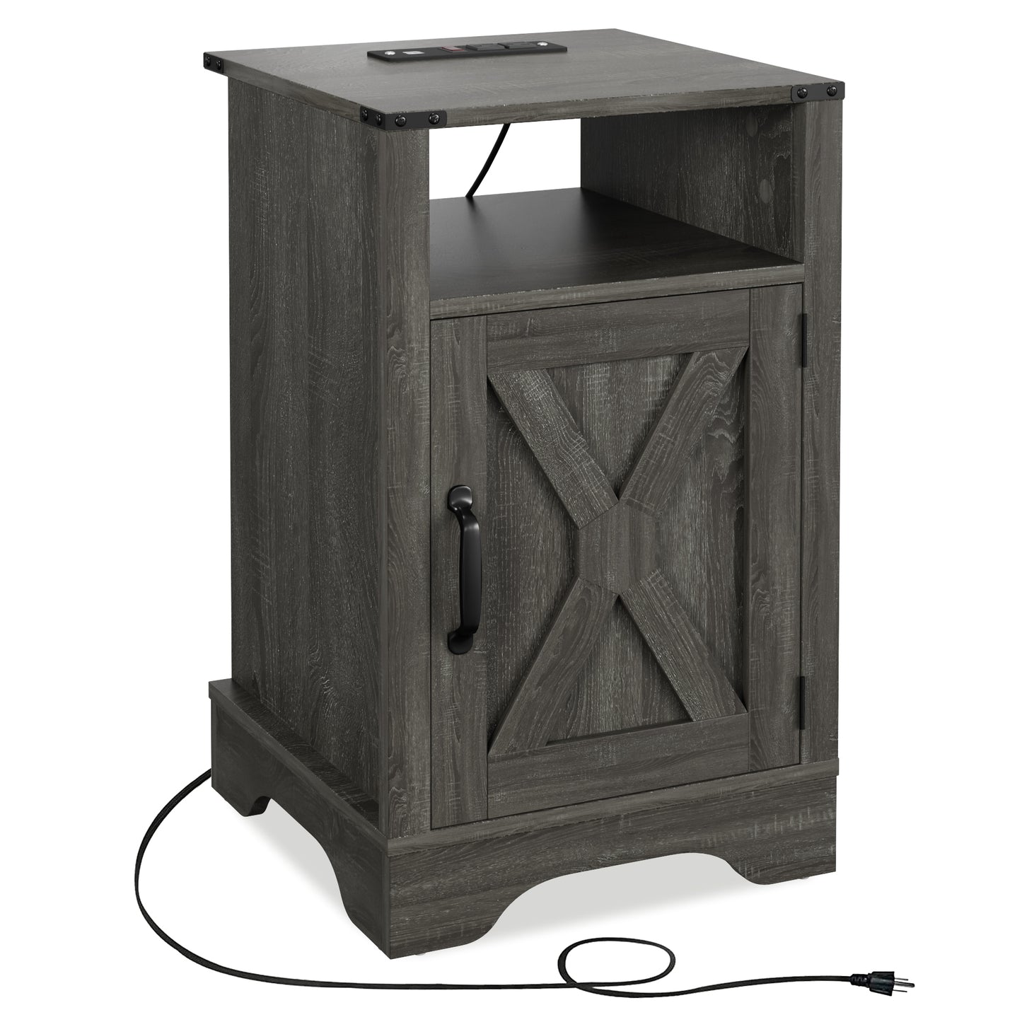 Farmhouse Nightstand Side Table, Wooden Rustic End Table, Tall Bedside Table with Electrical Outlets Charging Station - Dark Gray