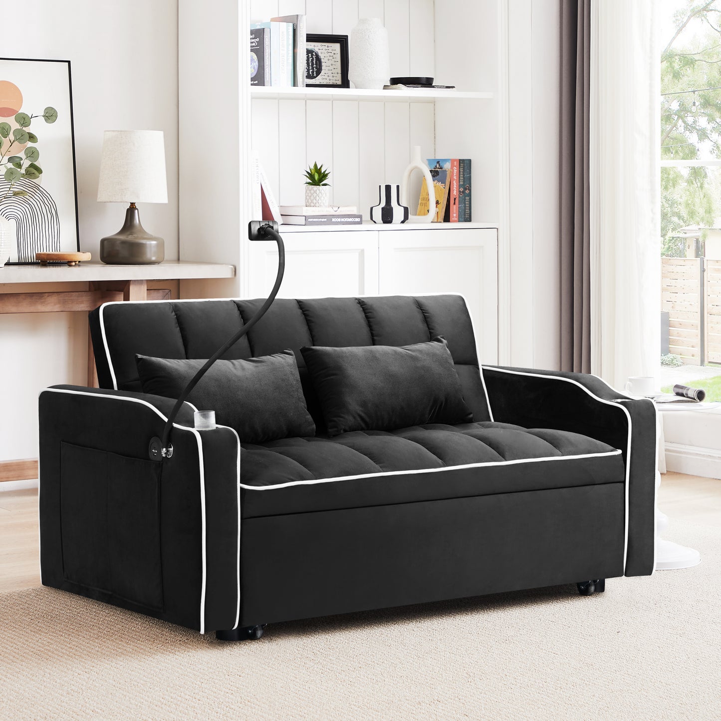 Multi-functional pullout sofa bed, 3 lengths, modern sofa sofa velvet pull-out bed, adjustable back, with USB port, ashtray and swivel phone stand( black)