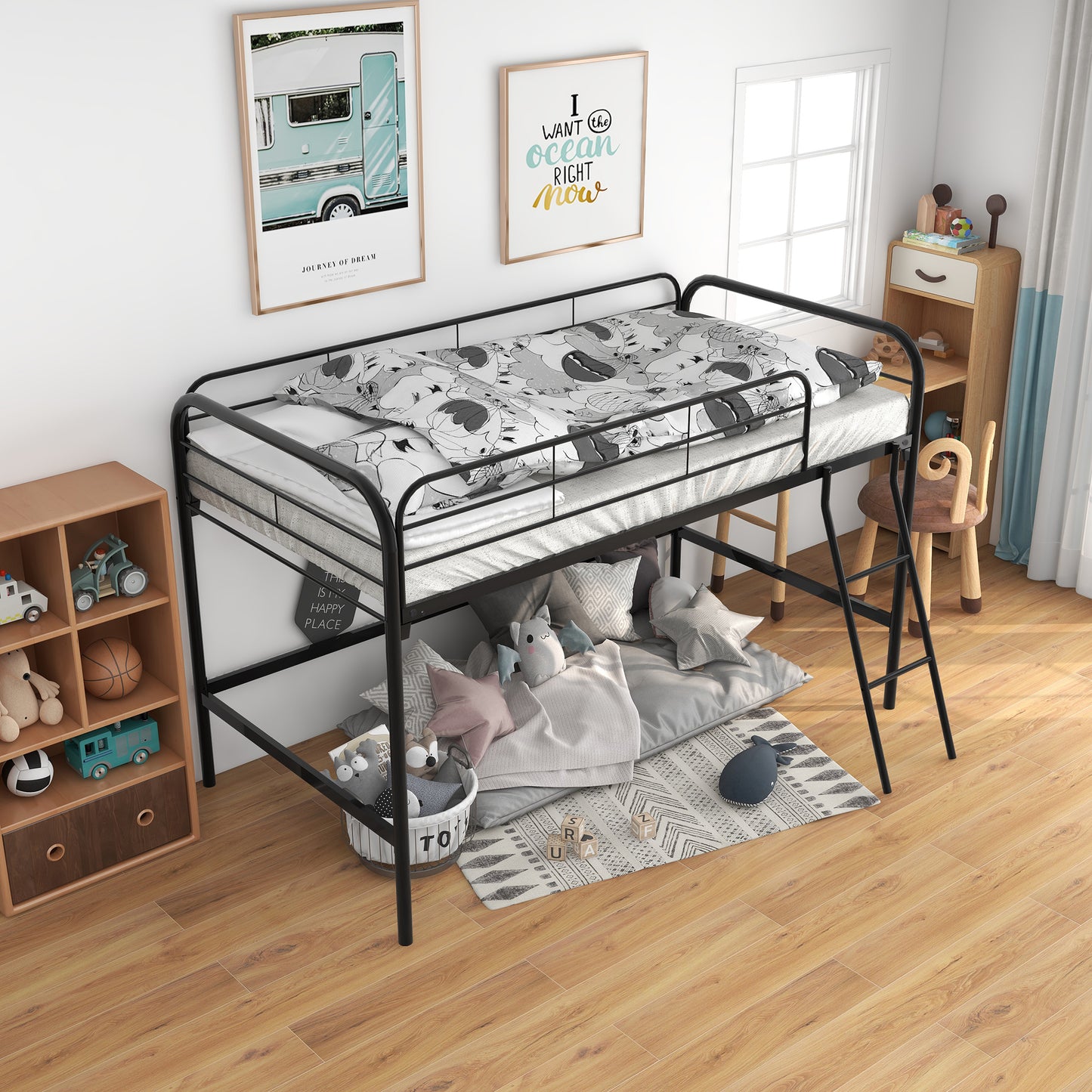 Metal Twin Loft Bed , Twin Size High Loft Bed Black