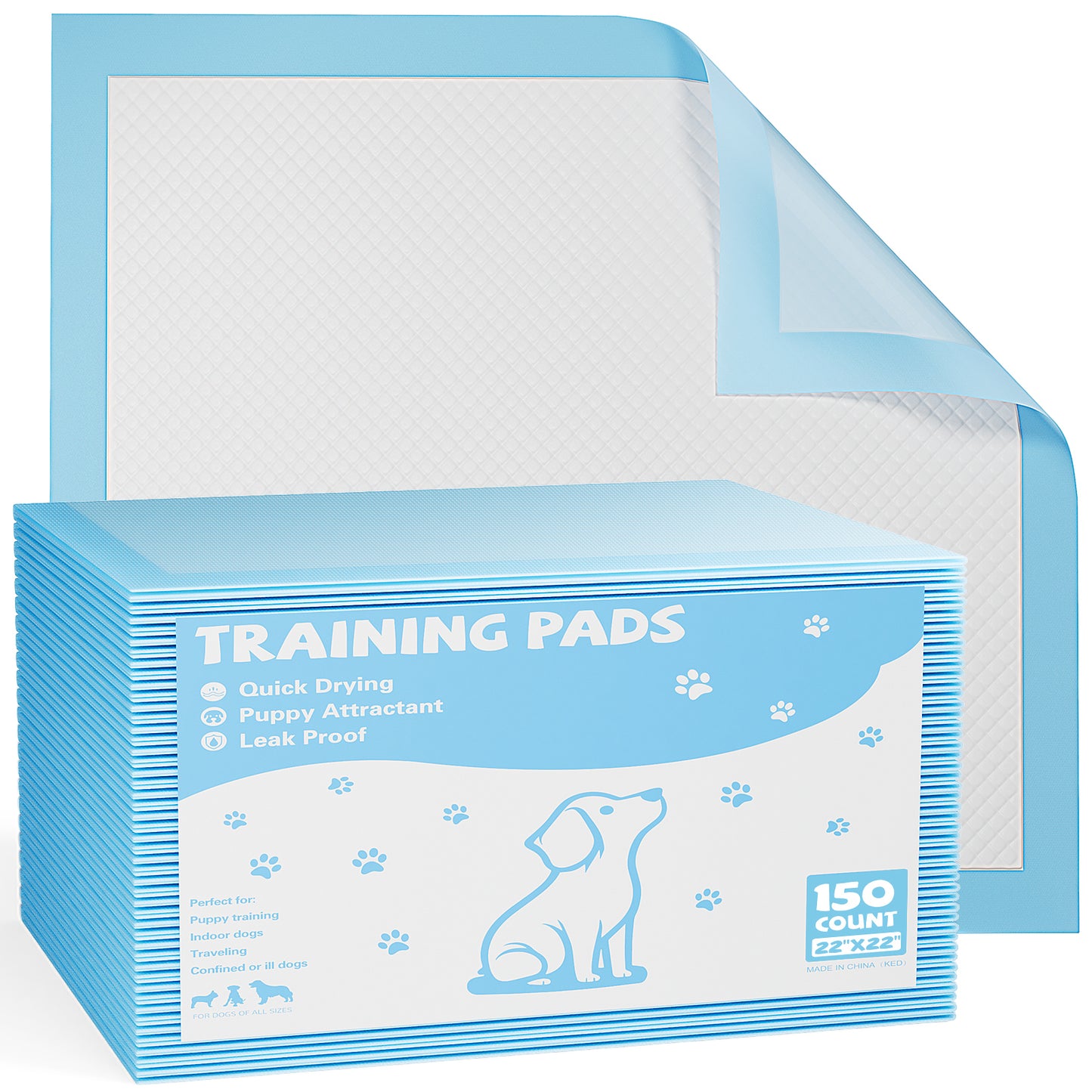 Disposable Dog Training Pads,22"x22" Ultra Absorbent Leak-Proof Quick-Drying Pet Pee Pads for Small to Large Dogs and Puppies Indoor Use, 150 Count