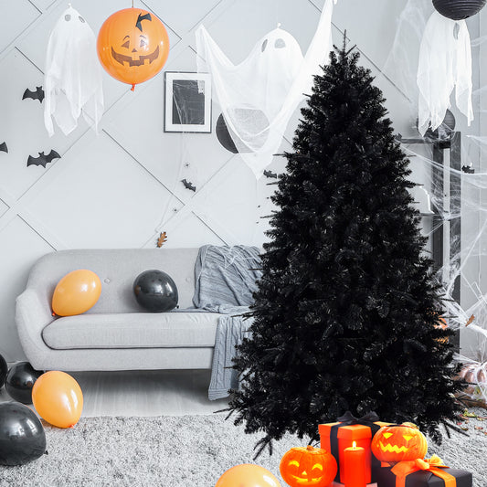 7.5ft Pre-Lit Black Christmas Tree, Full Halloween Xmas Artificial Tree 2156 Branch Tips, 500 Lights, Metal Hinges, Foldable Base, Holiday Decoration - Black