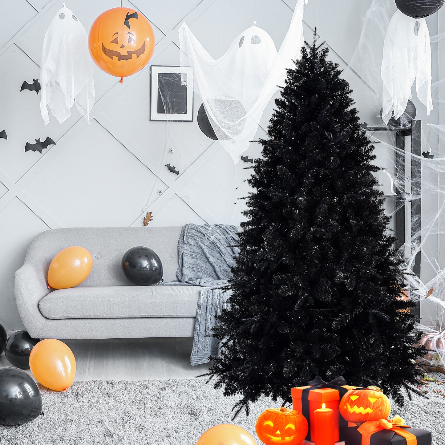 8ft Pre-Lit Black Christmas Tree, Full Halloween Xmas Artificial Tree 2486 Branch Tips, 600 Lights, Metal Hinges, Foldable Base, Holiday Decoration - Black