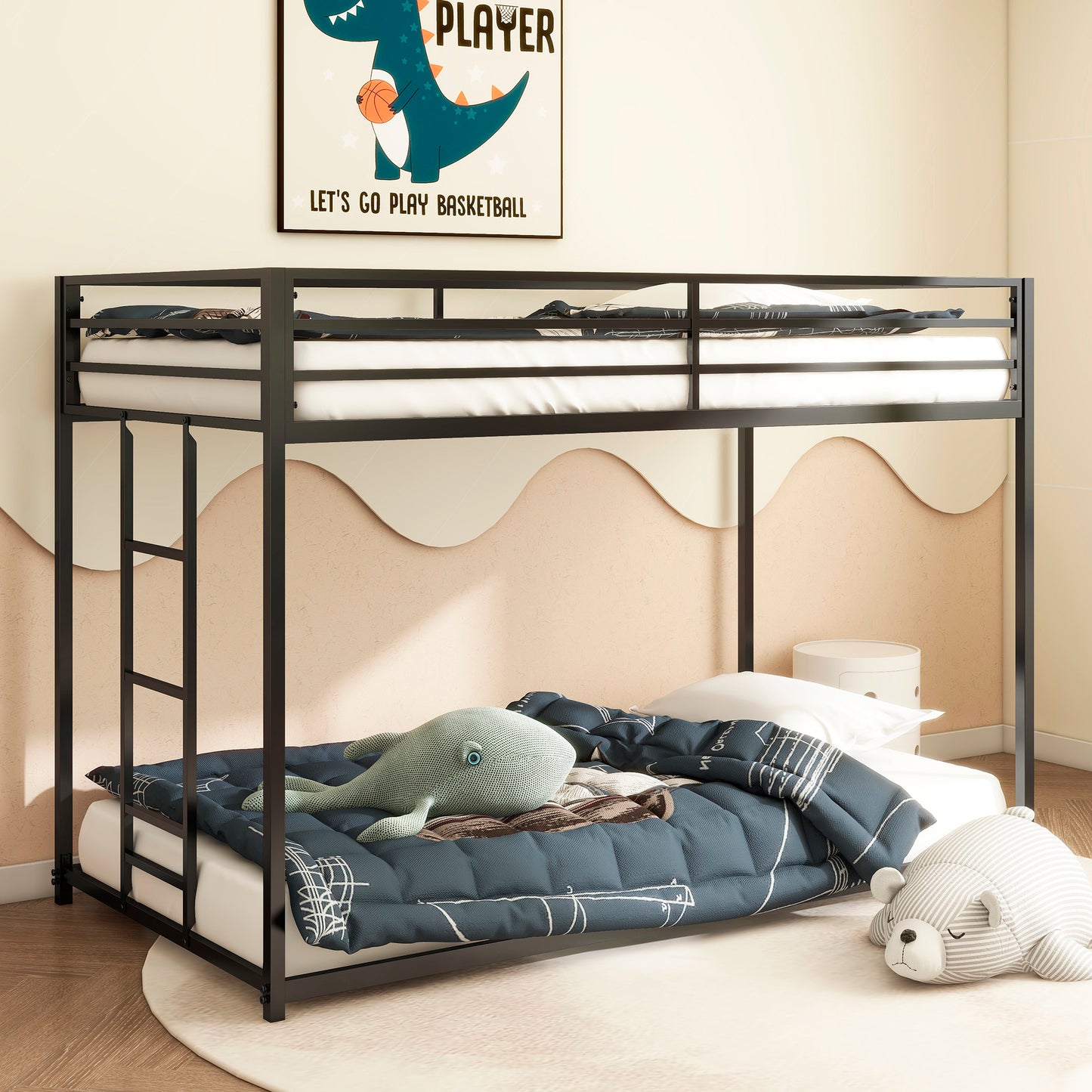 Adam Sturdy Twin over Twin Bunk Bed Metal Black for Kids and Adult, Low Profile Twin over twin bunk bed with Ladder and Guardrails, Easy Climbing, Beds for Bedroom