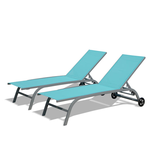 Chaise Lounge Outdoor Set of 2, Lounge Chairs for Outside with Wheels, Outdoor Lounge Chairs with 5 Adjustable Position, Pool Lounge Chairs for Patio,Beach,Poolside(Turquoise Blue,2 Lounge Chairs)