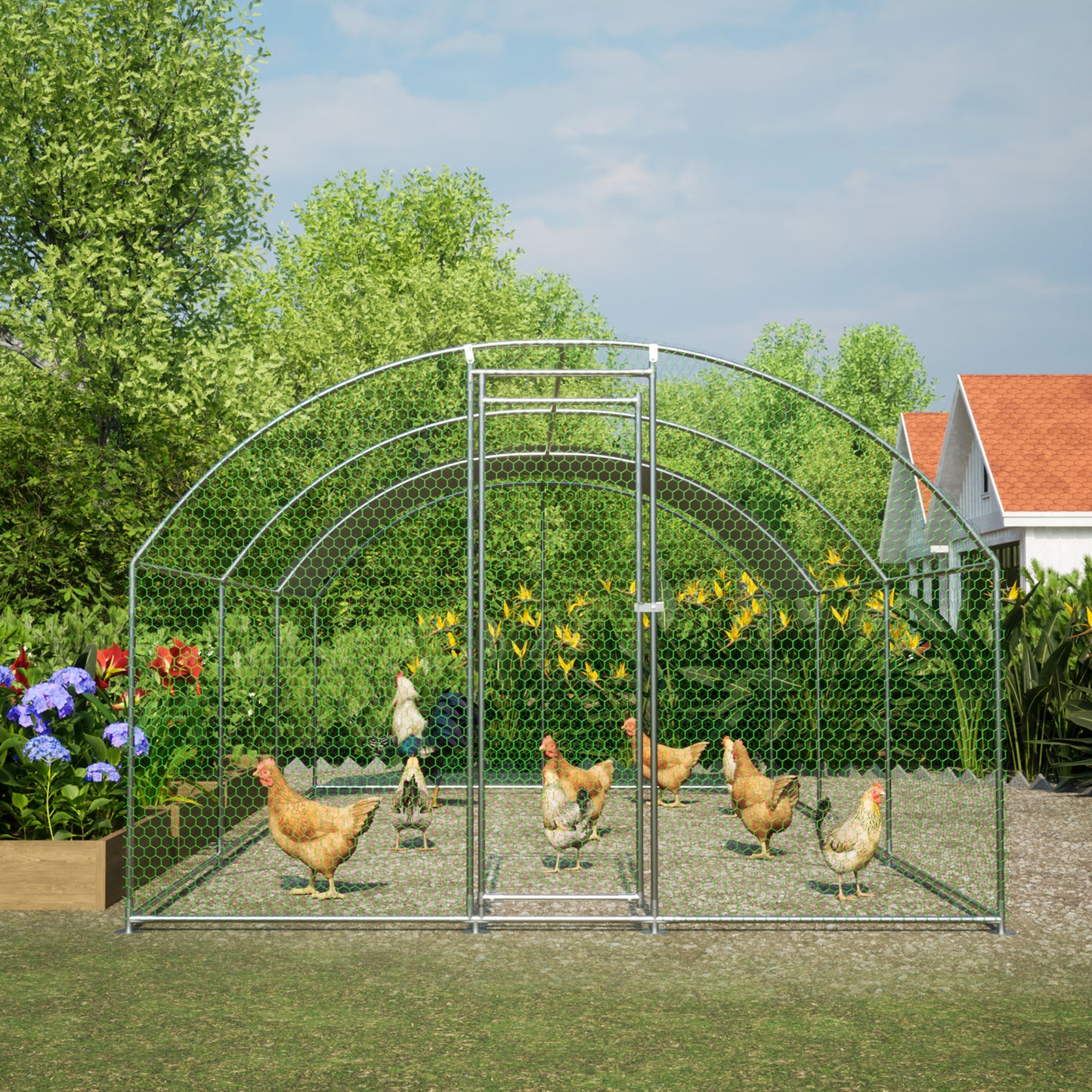 Large Chicken Coop Metal Chicken Run with Waterproof and Anti-UV Cover, Dome Shaped Walk-in Fence Cage Hen House for Outdoor and Yard Farm Use, 1" Tube Diameter, 9.84' x 19.68' x 6.56'