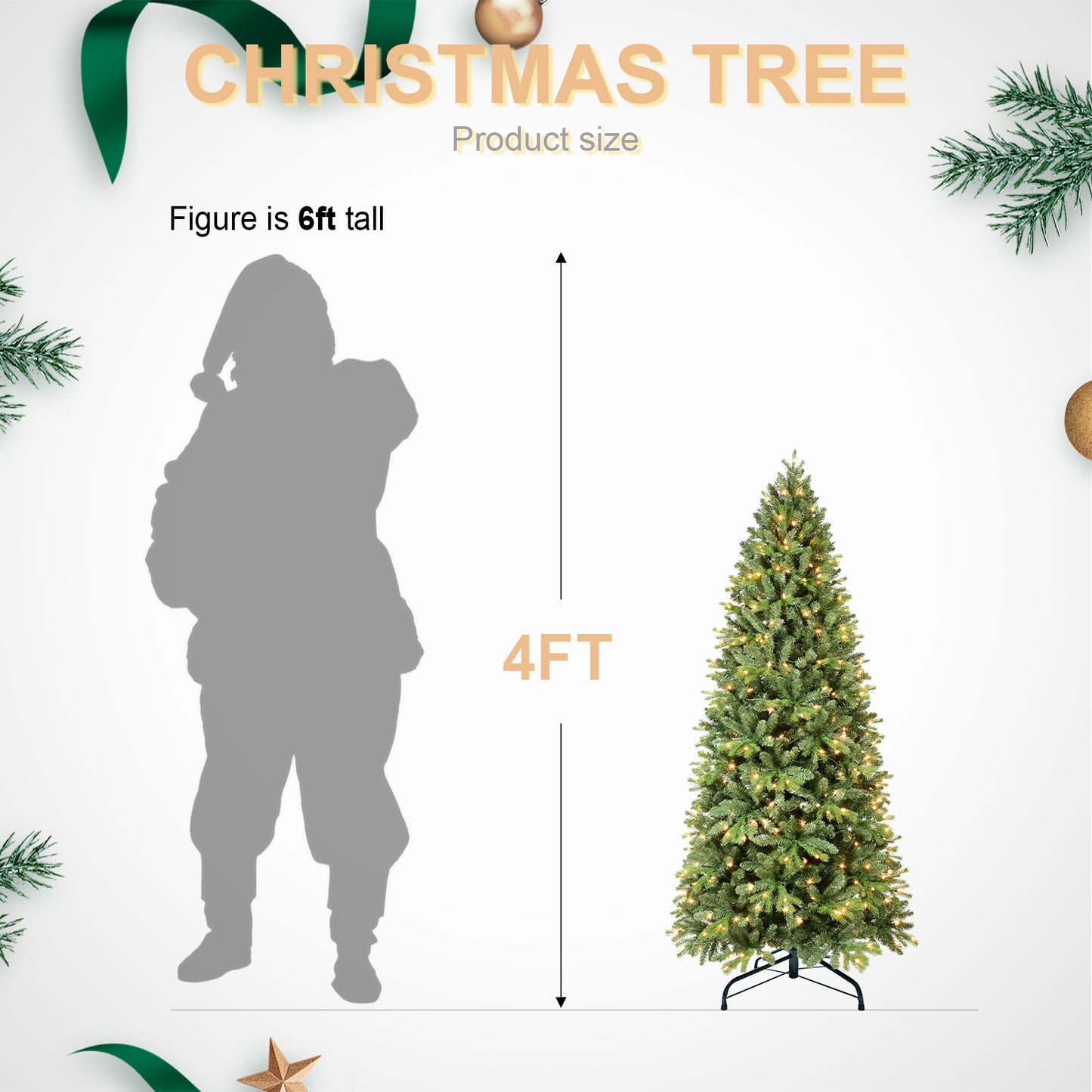 8FT Pre-Lit Slim Christmas Tree, Green, Fir Xmas 'Feel Real' Artificial Tree, White Lights, Metal Hinged, Foldable Base