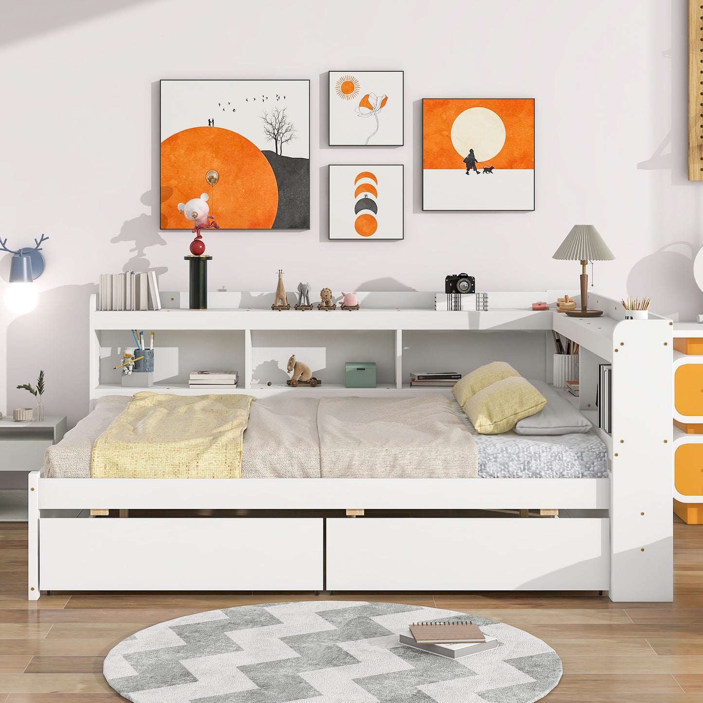 Full Bed with L-shaped Bookcases, Drawers ,White