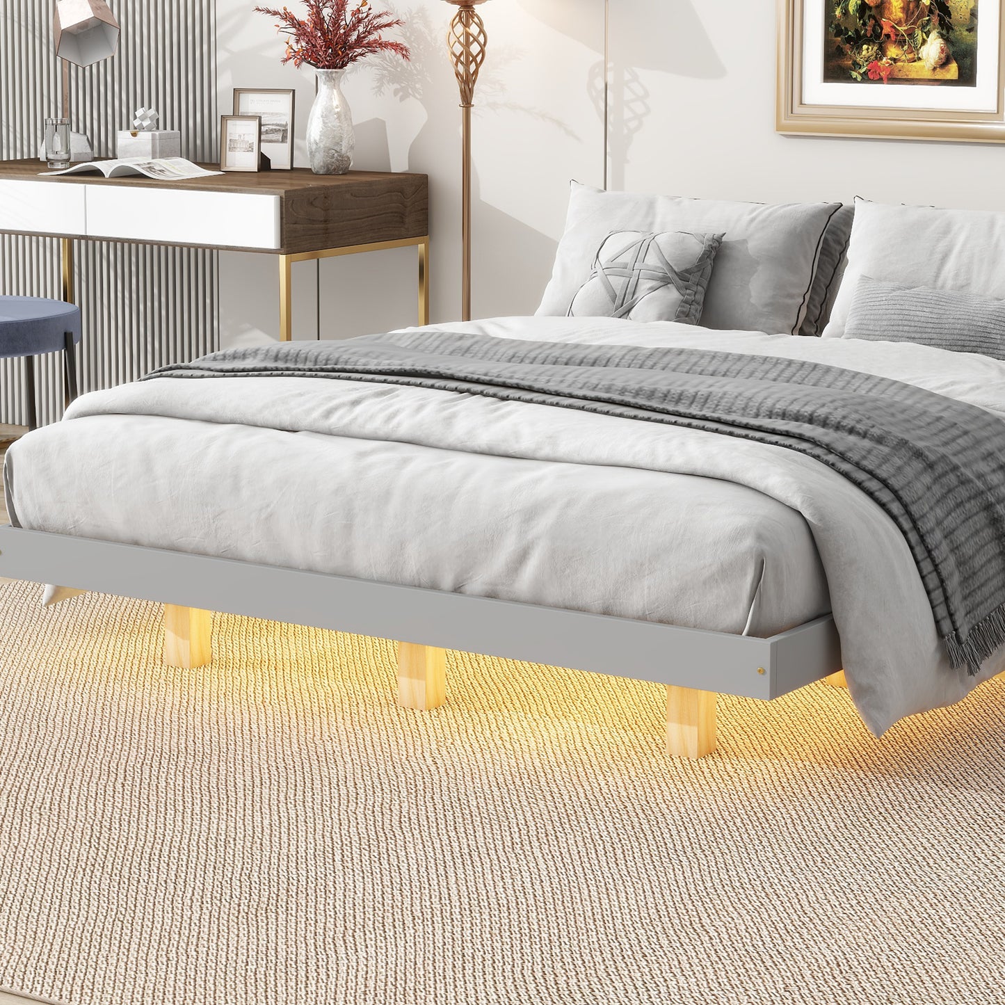 Queen Size Floating Bed with LED Lights Underneath,Modern Queen Size Low Profile Platform Bed with LED Lights,Grey