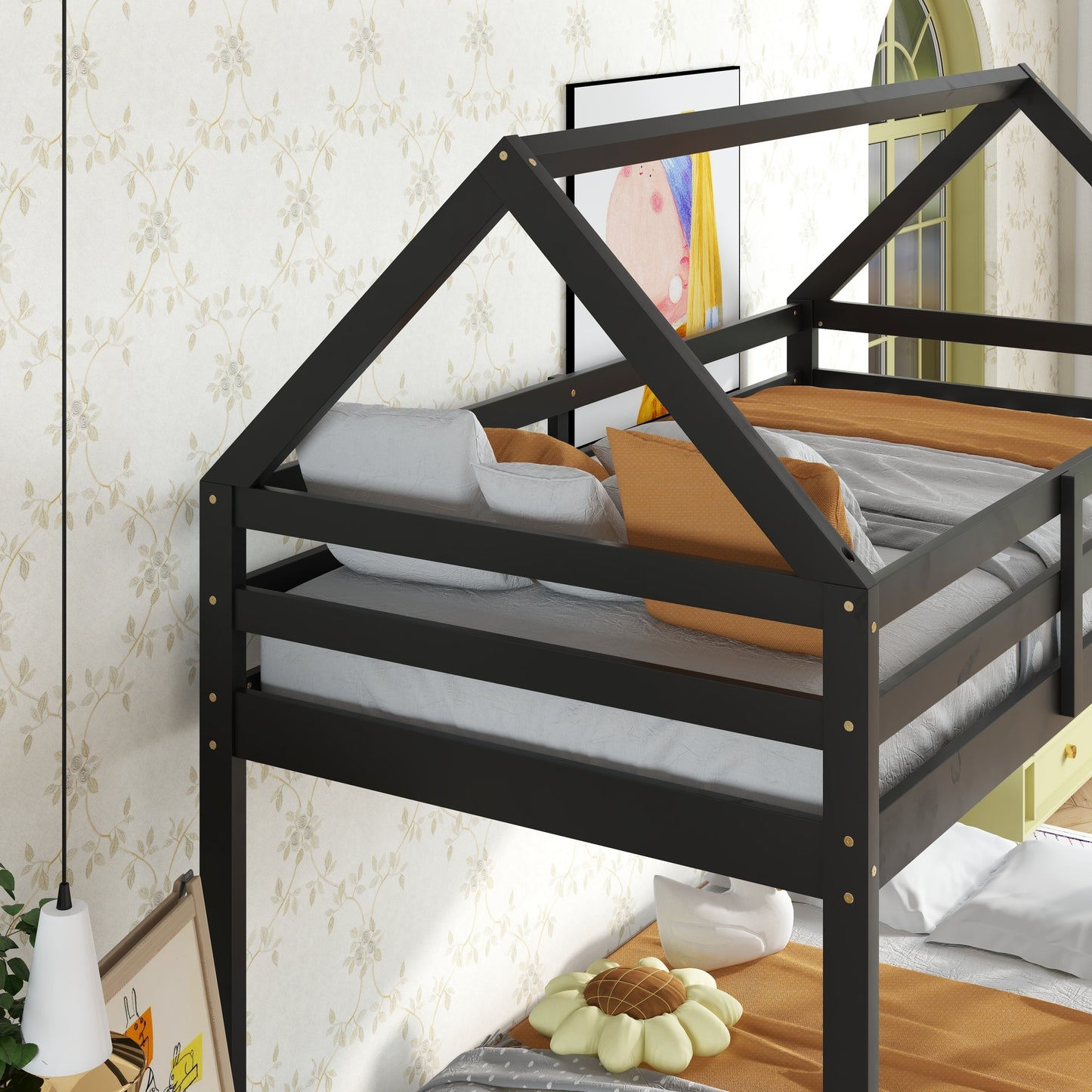 Twin over Twin Rubber Wood Floor Bunk Bed, with ladder,Guardrails,House-Shaped-Bunk Bed, Black