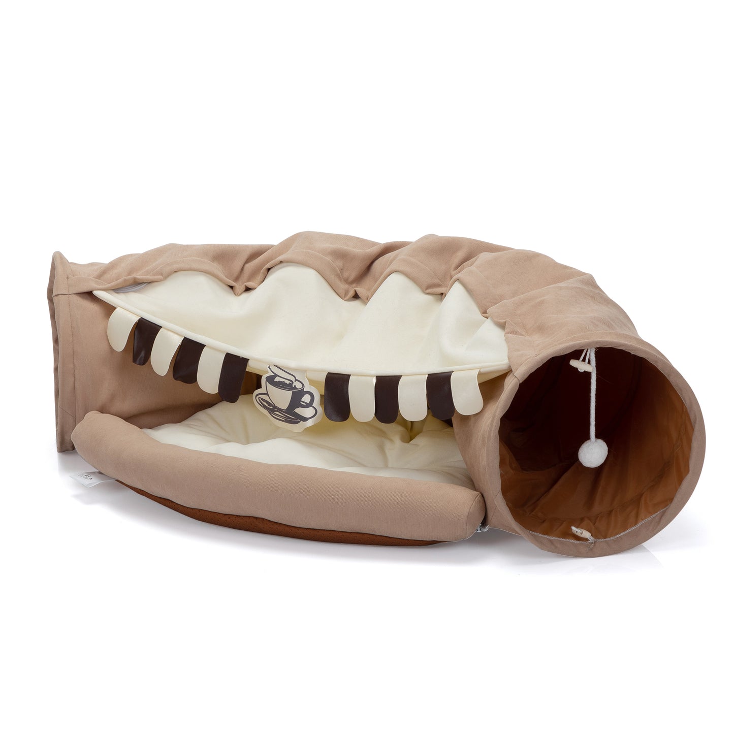 Collapsible Cat Tunnel Bed for Indoor Cats, Washable Cat Hide Tunnel with Hanging Toys and Cushion Mat, Coffee