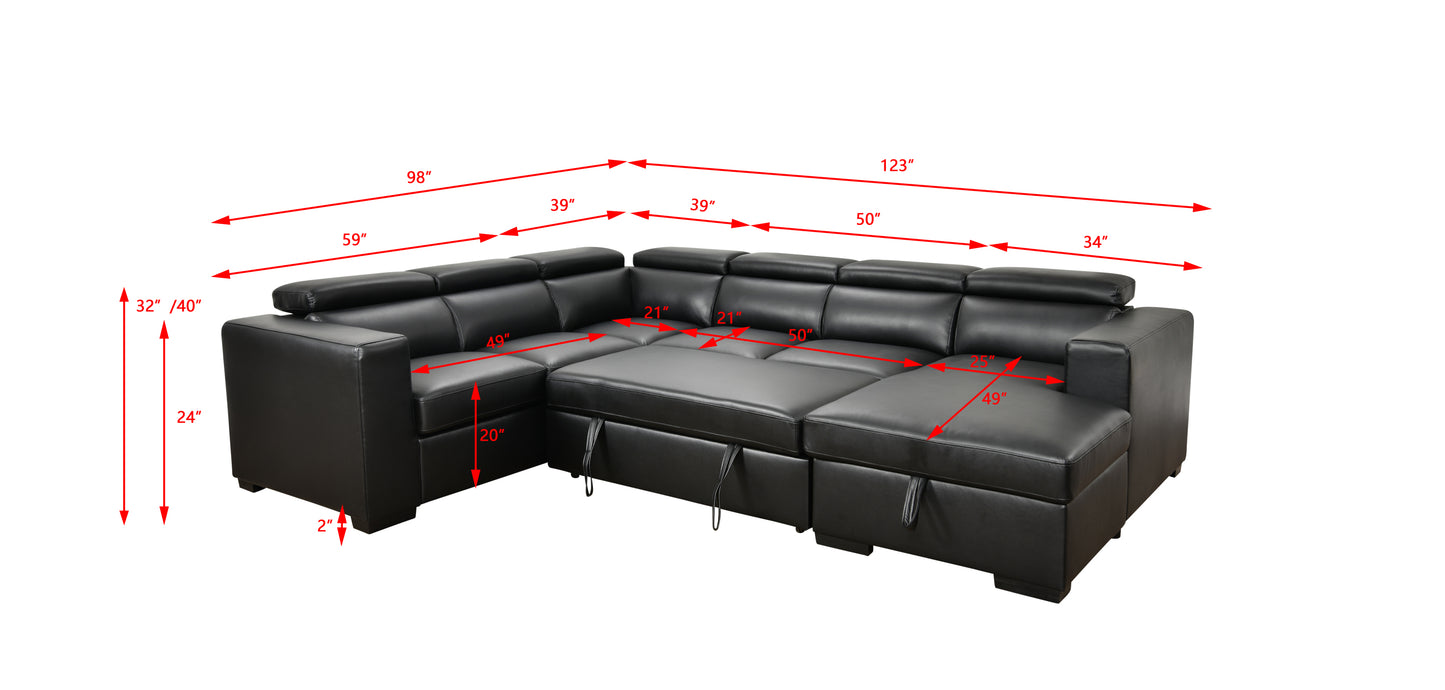 [SantaChoice] 123" Modern U Shaped 7-seat Sectional Sofa Couch with Adjustable Headrest, Sofa Bed with Storage Chaise-Pull Out Couch Bed for Living Room ,Black