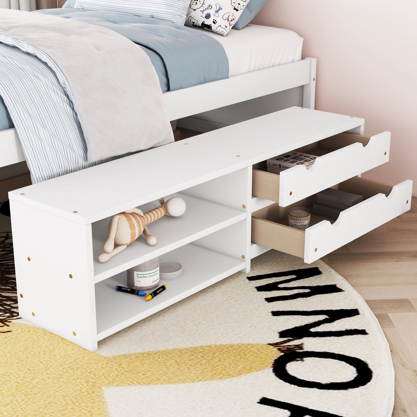 Full Size Storage Bed , Solid Wood Bed with Trundle, Under bed Storage Box of 2 Drawers, Shelves, and Nightstand ,White