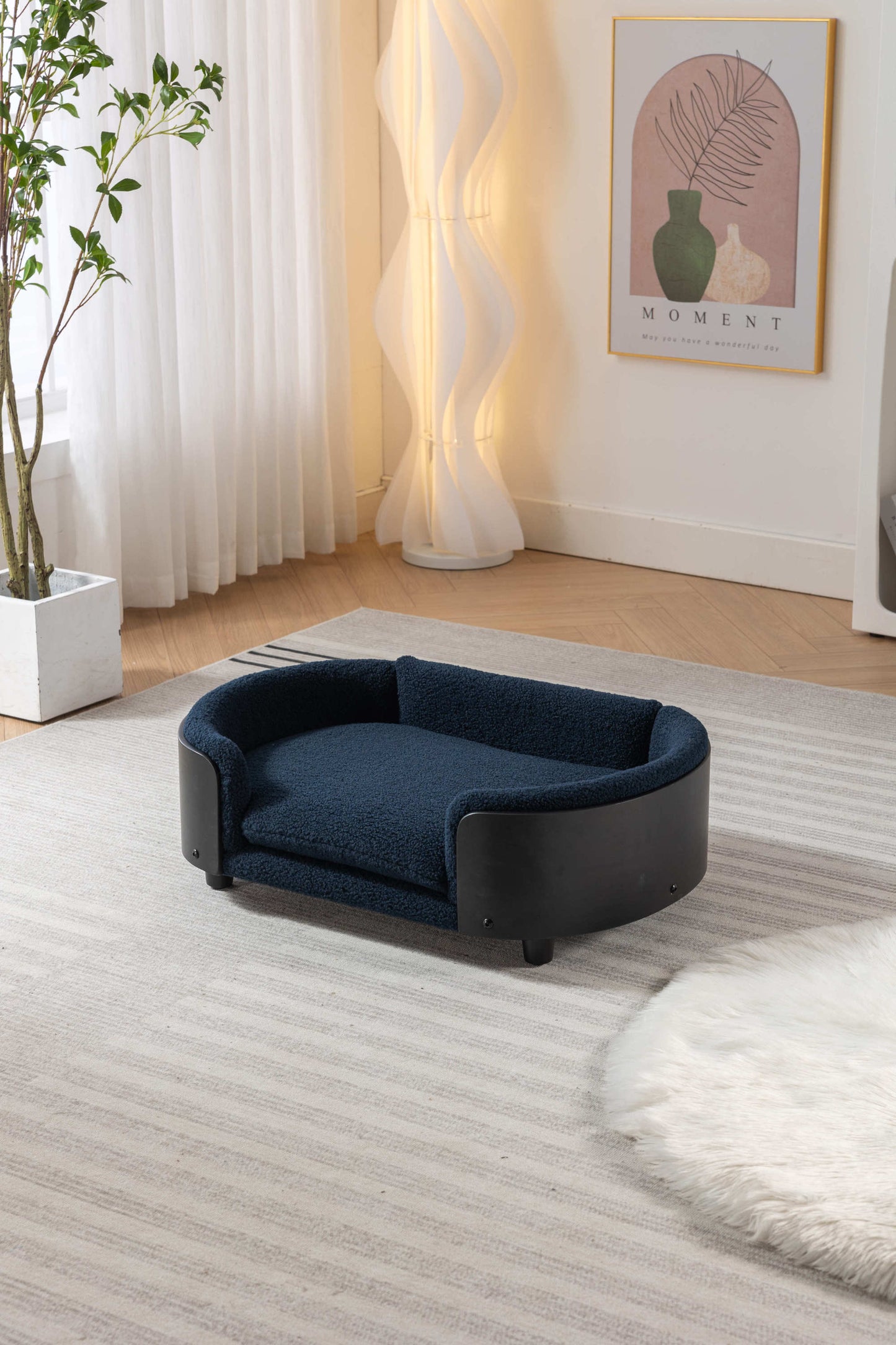 Scandinavian style Elevated Dog Bed Pet Sofa With Solid Wood legs and Black Bent Wood Back,  Cashmere Cushion,Mid Size