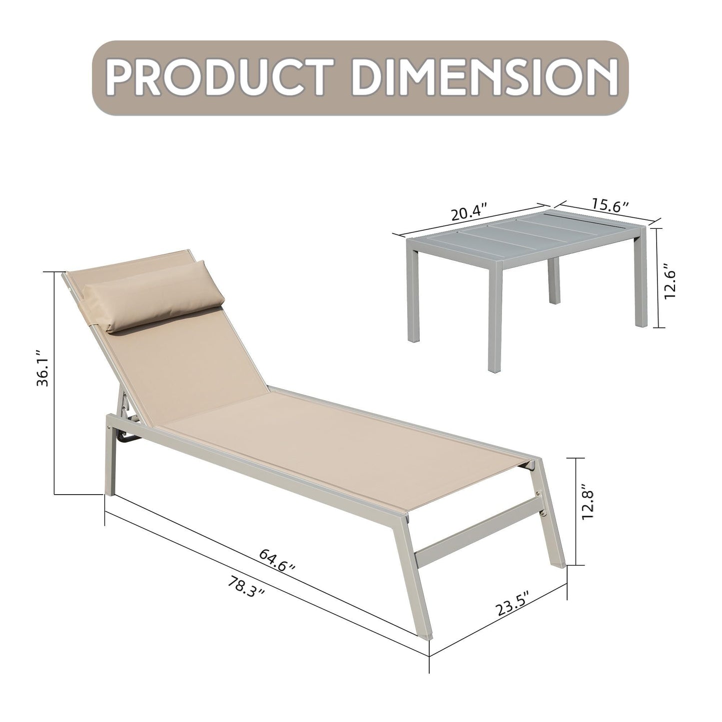 Patio Chaise Lounge Set of 3, Aluminum Pool Lounge Chairs with Side Table, Outdoor Adjustable Recliner All Weather for Poolside, Beach, Yard, Balcony (Khaki)