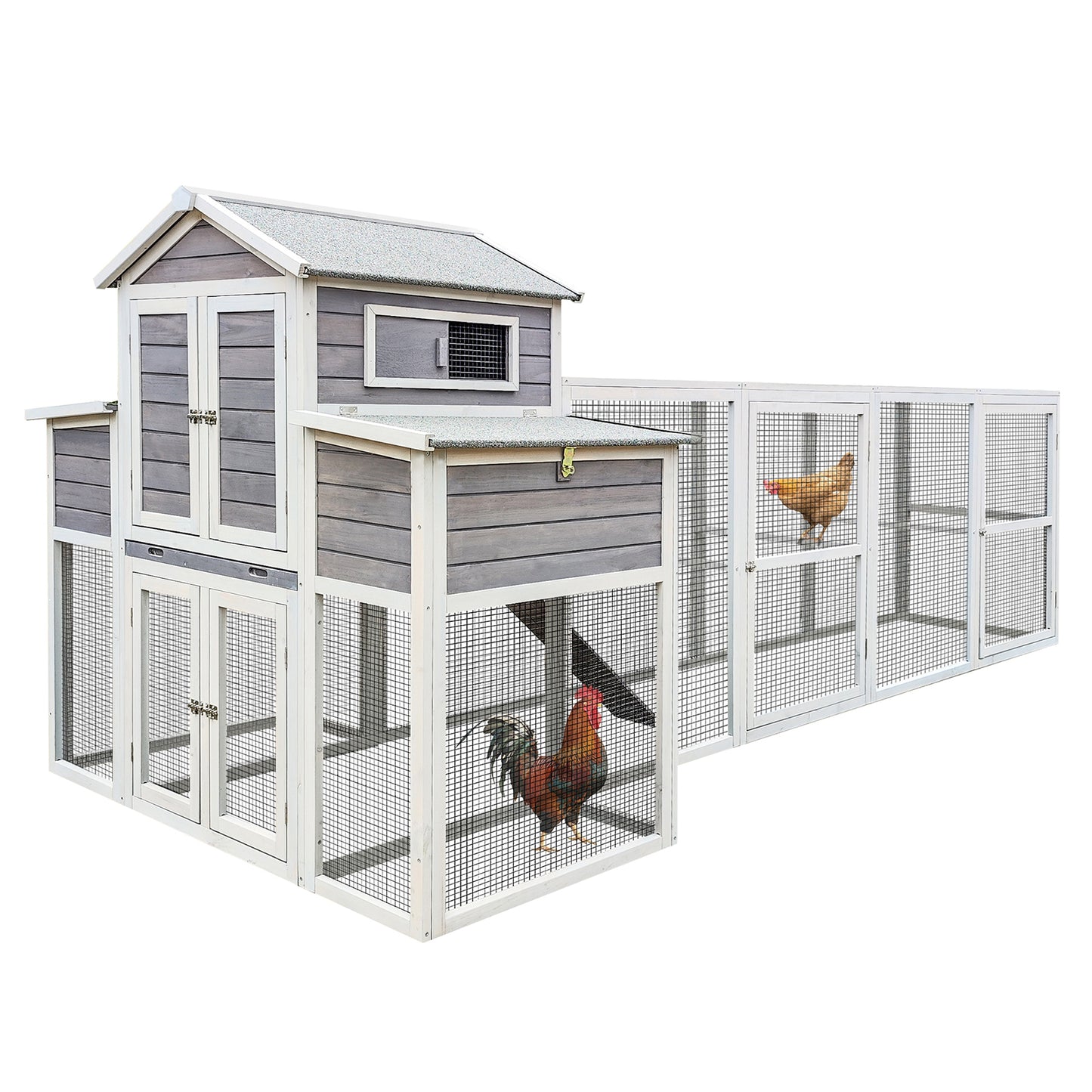 150＂Chicken Coop Extra Large Chicken House, Outdoor Wooden Hen House Black Rust-proof Metal Wire Poultry Cage with Two Nesting Boxes, 5 Perches