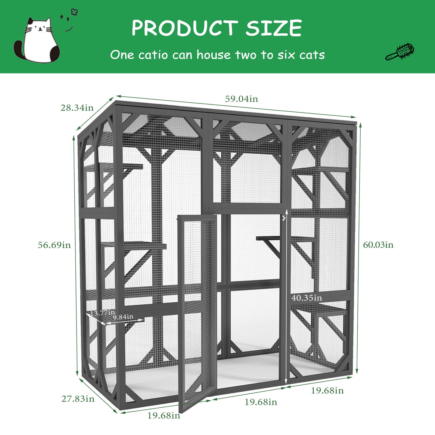 Catio Outdoor Cat Enclosure Cat House Wooden Cat Cage Large Feral Cat Shelter for Mulitiple Cats with Six Platforms, Large Enter Door, Waterproof Roof 60" Grey