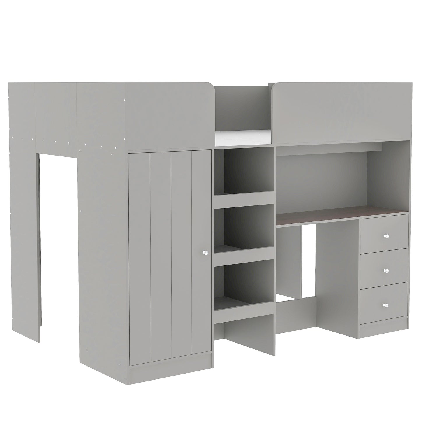 Wood Full Size Loft Bed with Built-in Wardrobe, Desk, Storage Shelves and Drawers, Grey