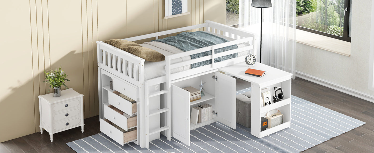 Twin Loft Bed with Storage Cabinet, Drawer and Shelf Cabinet and Pulling-Out Desk, Rubber Wood Loft Bed with Safety Guardrail, Ladder,White