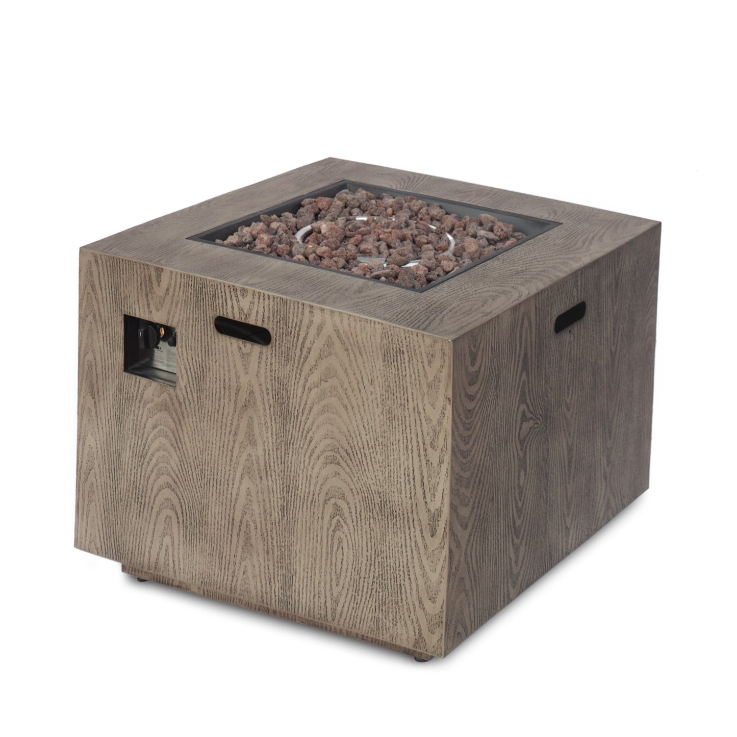 Outdoor Patio Gas Burning Fire Pit - 50, 000 BTU Tank Inside, Square, Iron Wood Pattern, Brown