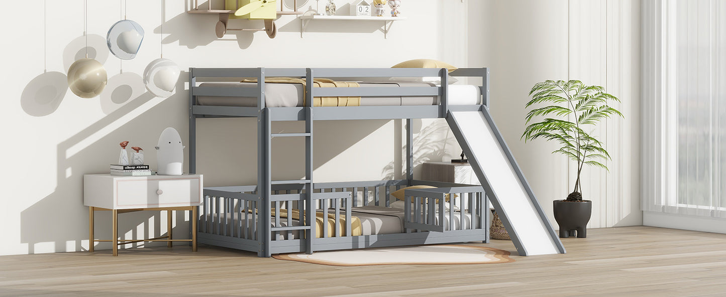 Twin Over Twin Floor Bunk Bed with Slide, Ladder, Door, Safety Guardrails, Solid Pine Wood Bunk Bed ,Grey