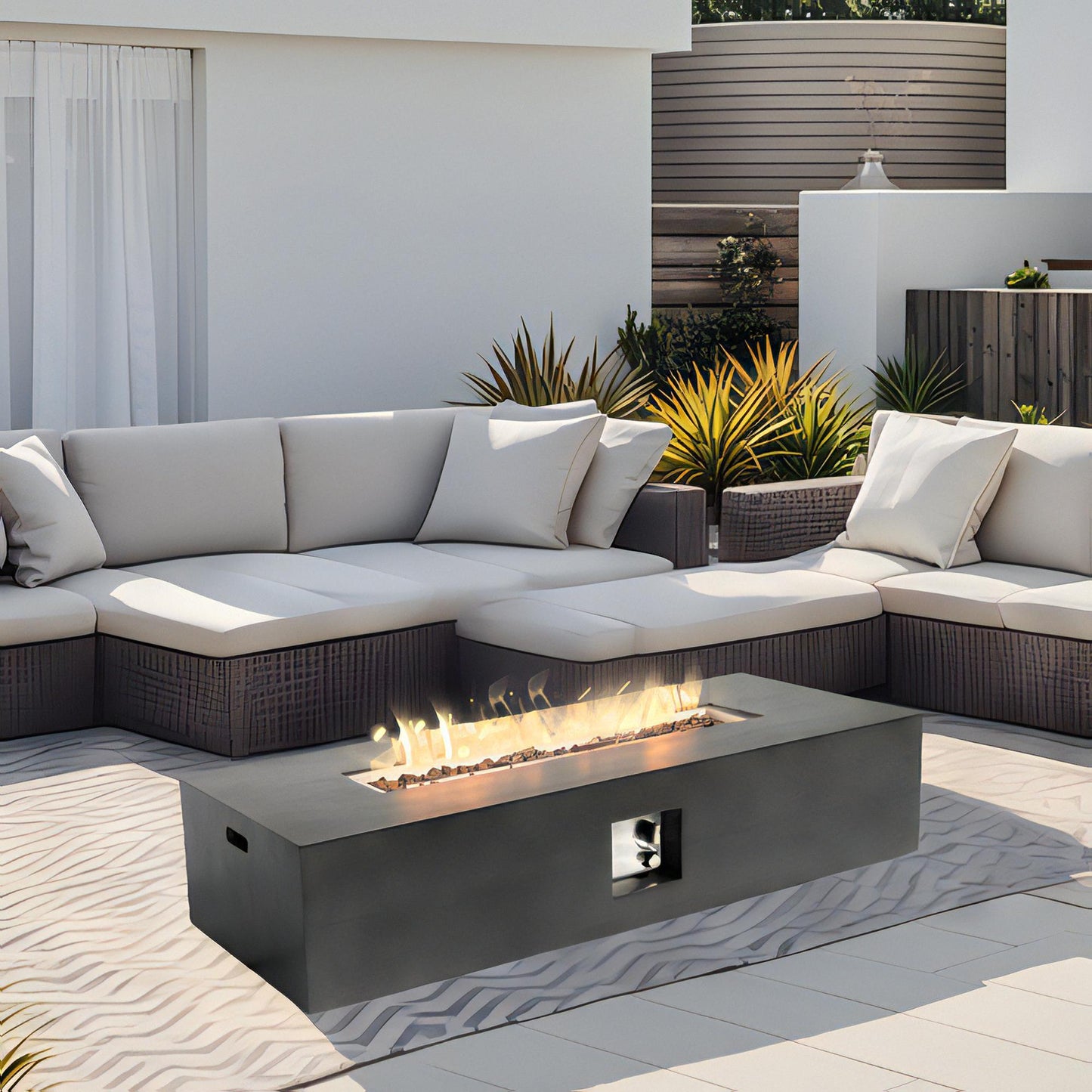 56" Fire pit Table for Outside, 50,000 BTU Large Rectangular Stone Gas Fire pit with Lava Rocks & Rain Cover