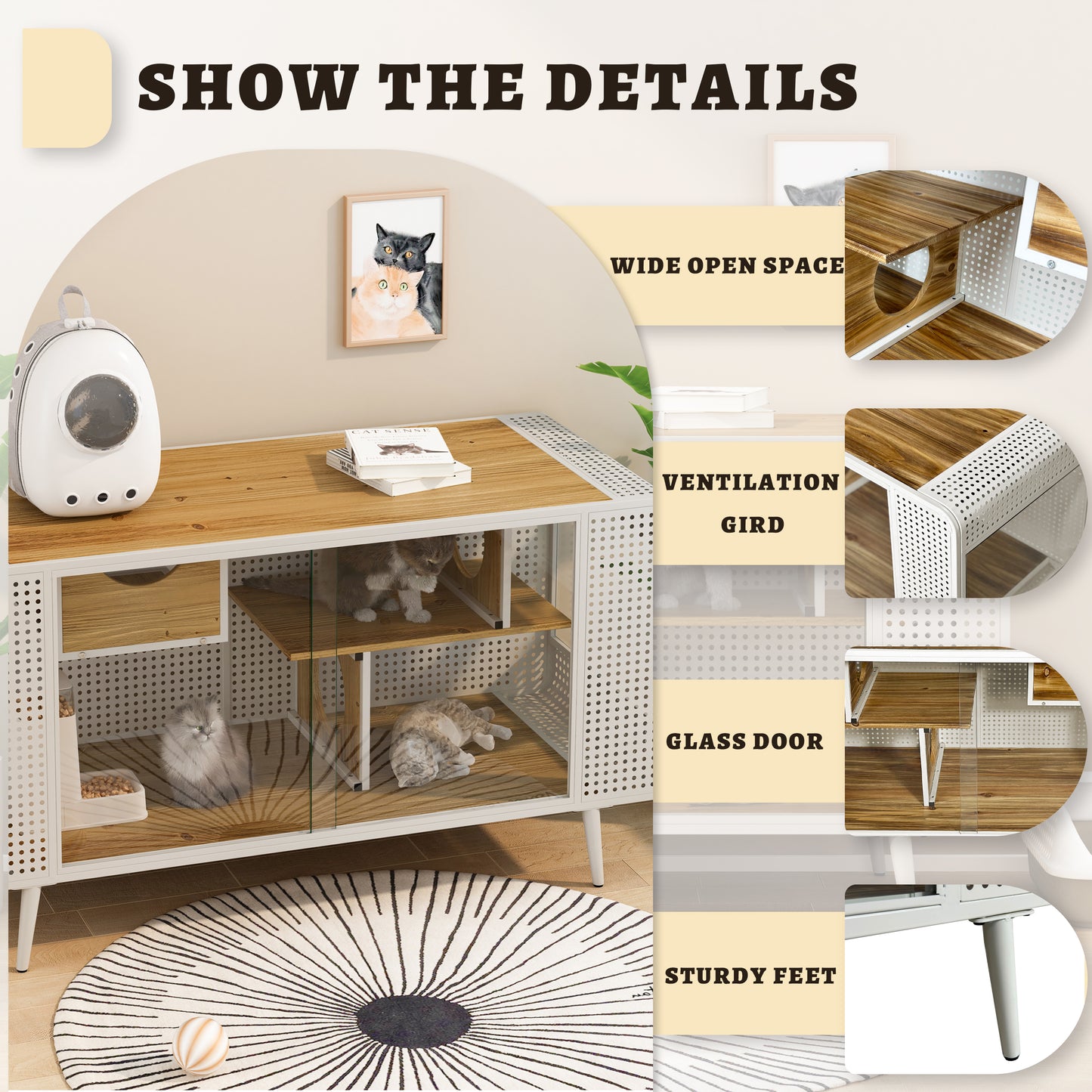 55.12 "Spacious Cat House with Tempered Glass, for Living Room, Hallway, Study and Other Spaces (White)