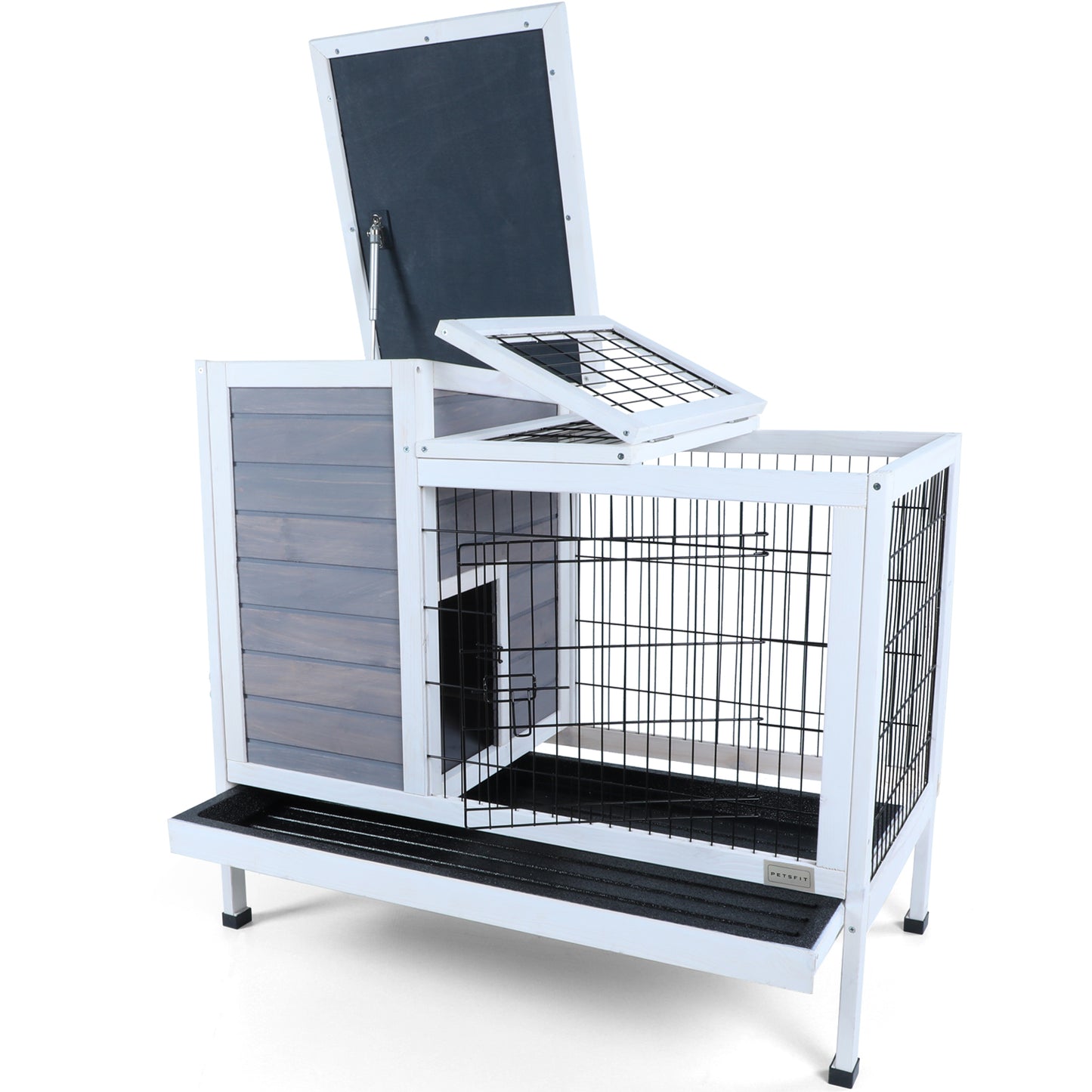 Two-Tier Wooden  Rabbit Cage Outdoor Indoor for Small Animals with Runway and Leak-Proof Plastic Tray,Grey