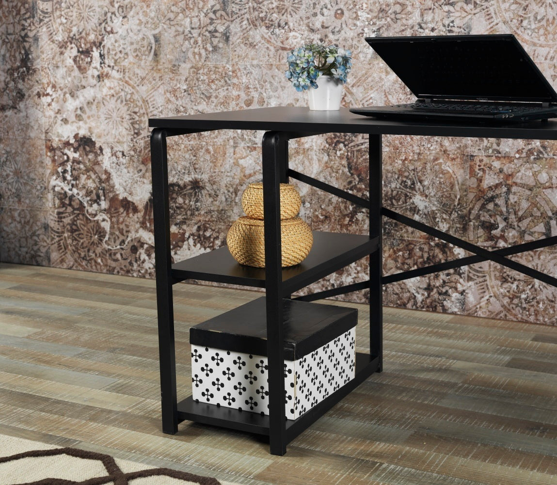 Furnish Home Store Sage Black Metal Frame 47" Wooden Top 2 Shelves Writing and Computer Desk for Home Office, Black