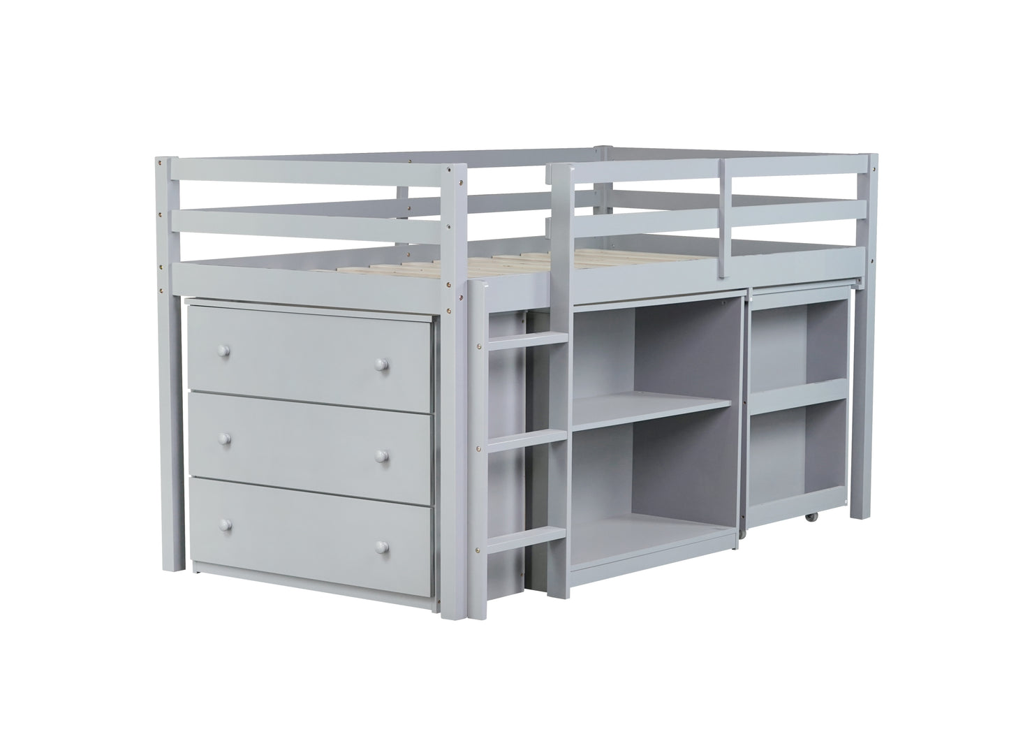 Twin Loft Bed with ,Drawer Cabinet, Shelf Cabinet and Pulling -Out Desk,Rubber Wood Loft Bed with Safety Guardrail ,Ladder,Grey